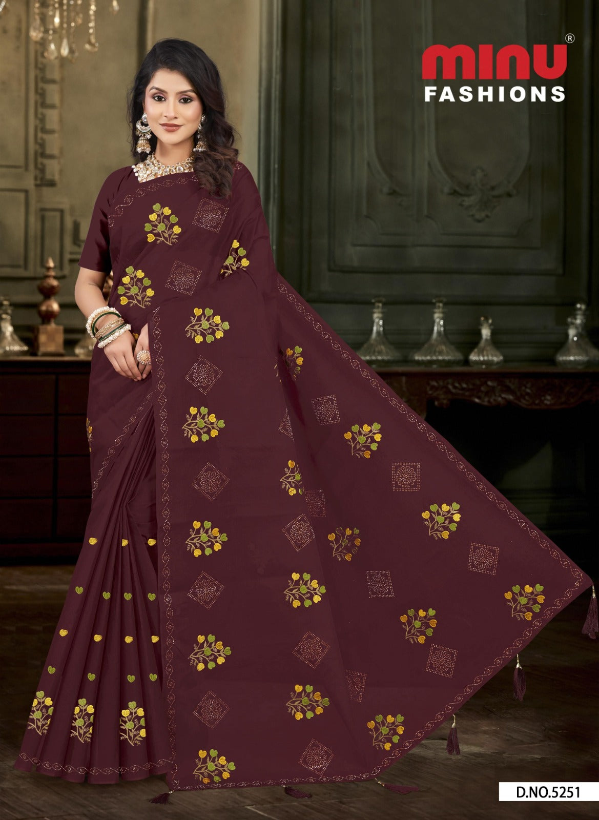 Embroidered Cotton Saree Diamond Rose (Special Rate) - 8 Pcs Set