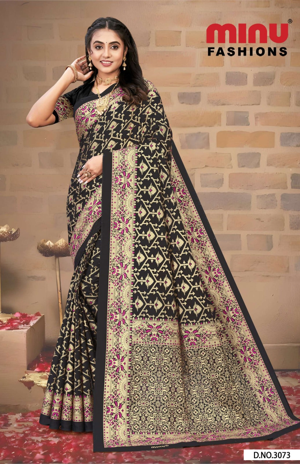 Malai Cotton Saree Gold Star Black - 8 Pcs Set