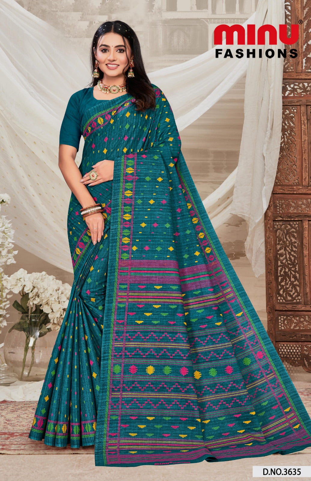 Malai Cotton Saree Meenakari - 8 Pcs Set