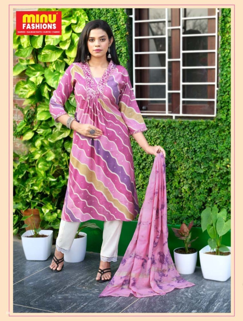 3 Piece Cotton Long Kurti Set Monami - 6 Pcs Set