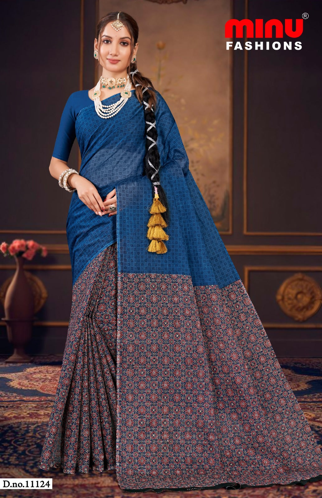 Malai Cotton Saree Raasa Ajrakh - 8 Pcs Set