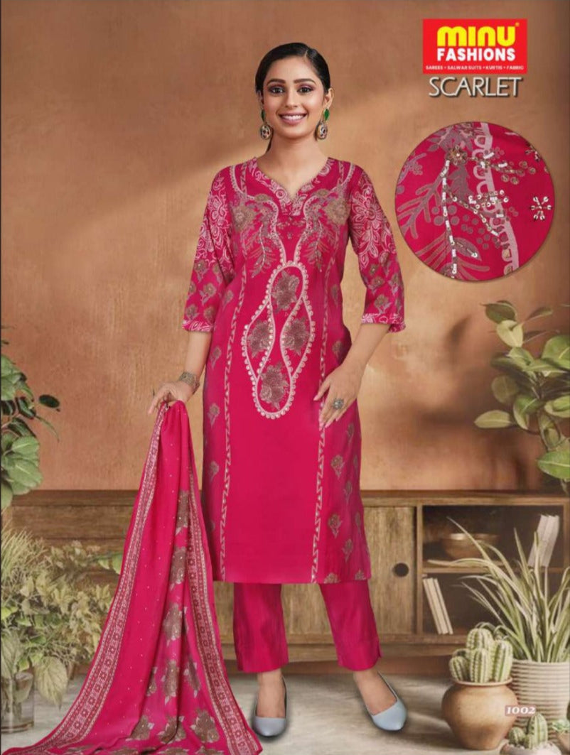 3 Piece Cotton Kurti Set Scarlet - 4 Pcs Set