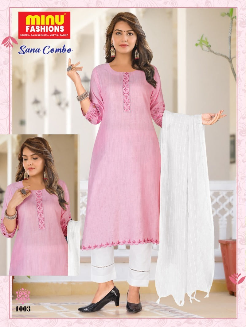 3 Piece Cotton Long Kurti Set Sana Combo - 6 Pcs Set
