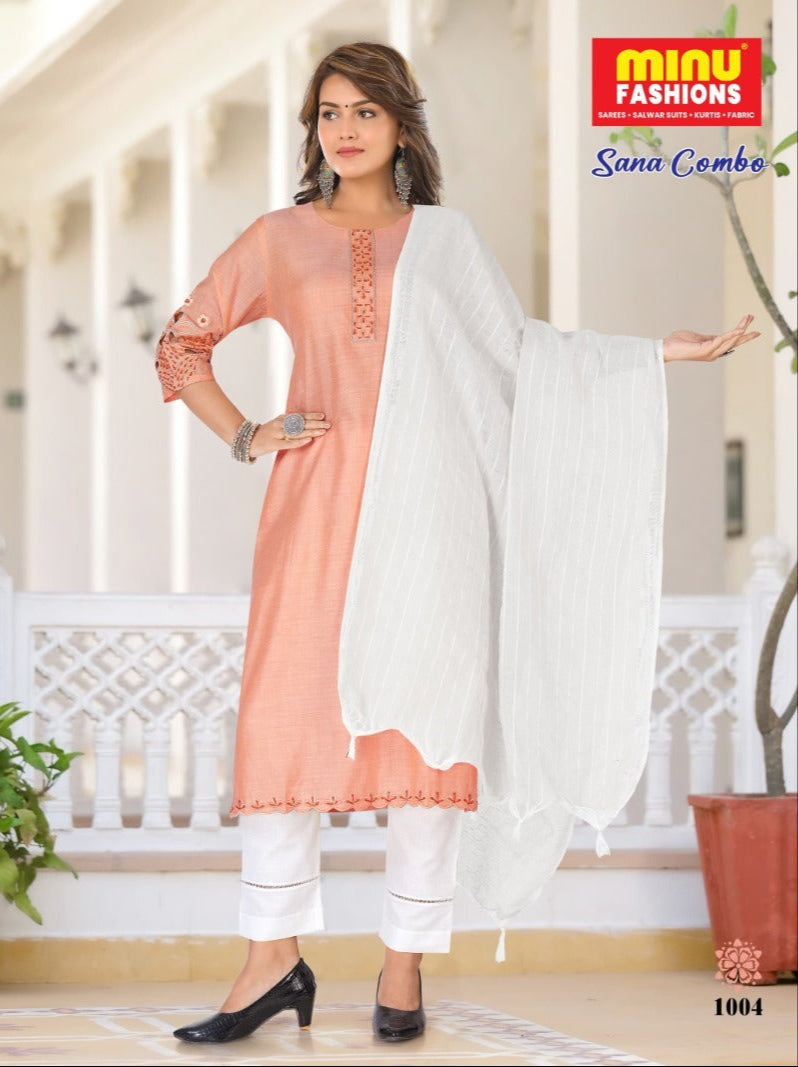 3 Piece Cotton Long Kurti Set Sana Combo - 6 Pcs Set