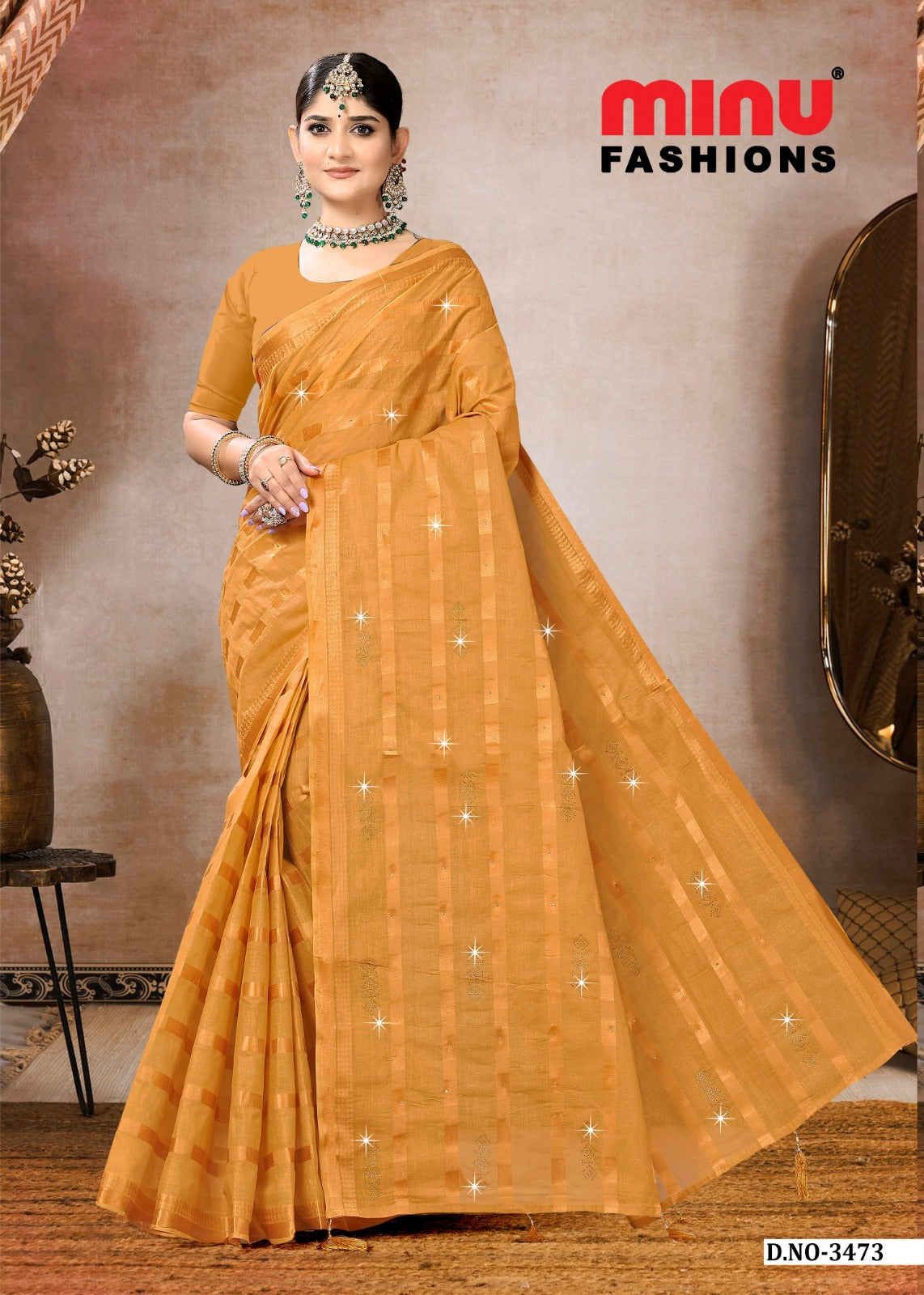 Embroidered Cotton Saree Smart Siroski (Special Rate) - 8 Pcs Set