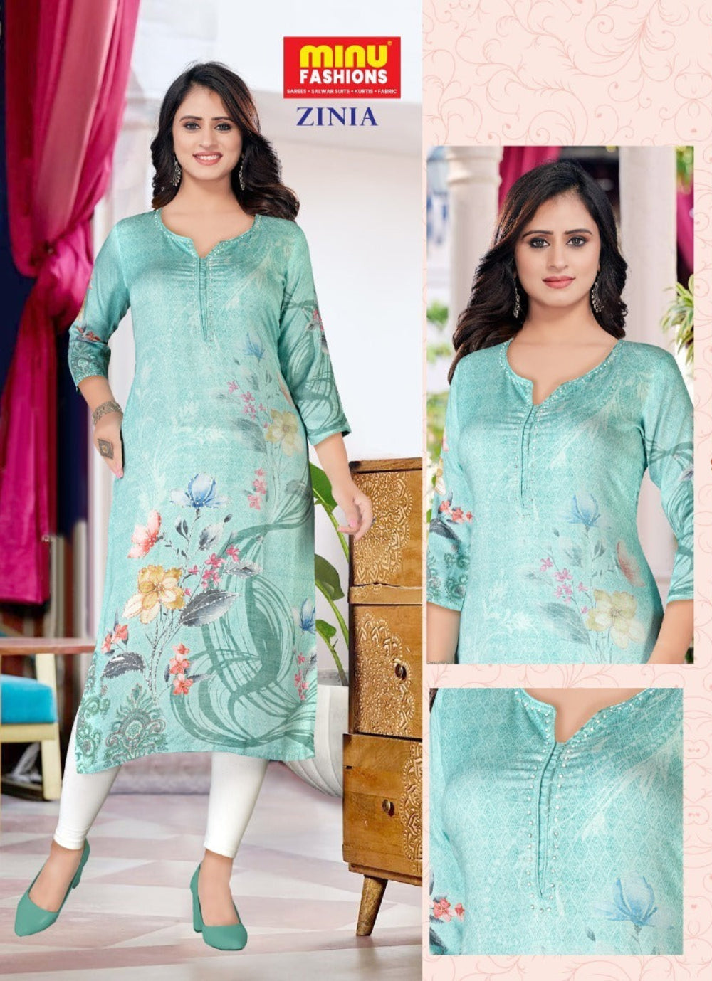 Embroidered Long Kurti Zinia - 4 Pcs Set