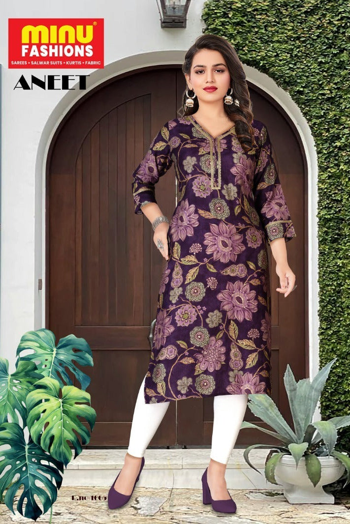 Printed Vatican Silk Long Kurti Aneet - 6 Pcs Set