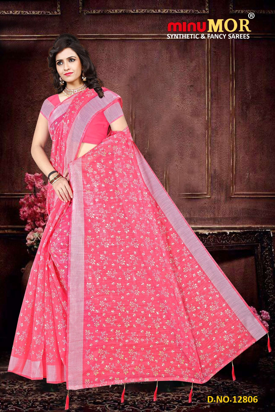 Fancy Saree Cherry Cotton (BP) - 6 Pcs Set
