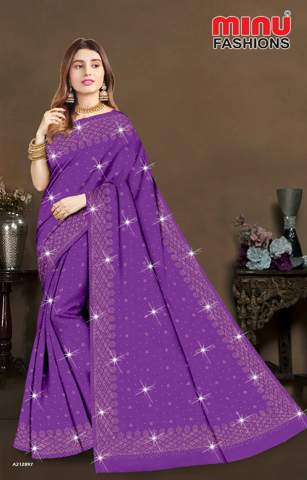 Embroidered Cotton Saree Crystal Saroski (Special Rate) - 8 Pcs Set