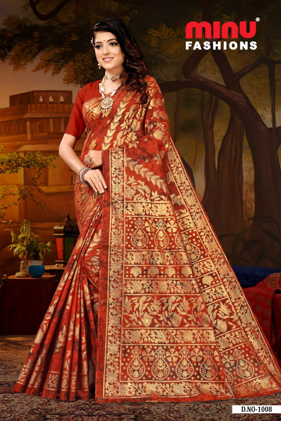 Printed Cotton Saree Fashion Kanjivaram - 8 Pcs Set