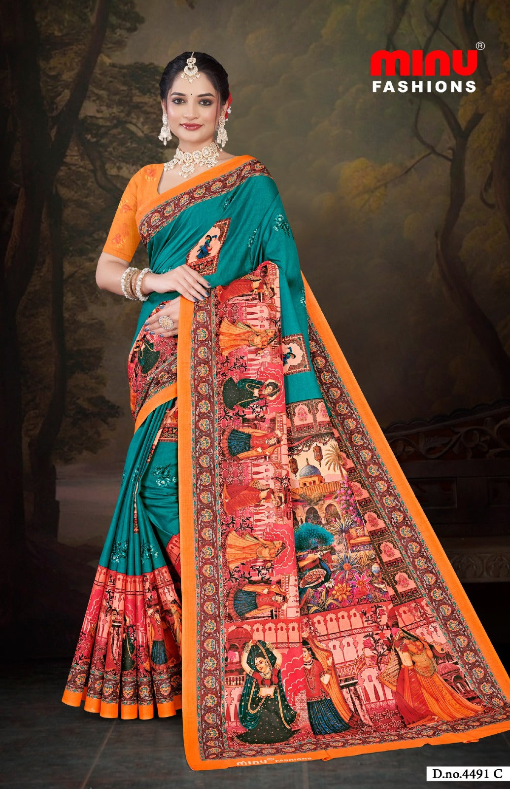Printed Cotton Saree Jeevan Sathi Madhubani - 8 Pcs Set