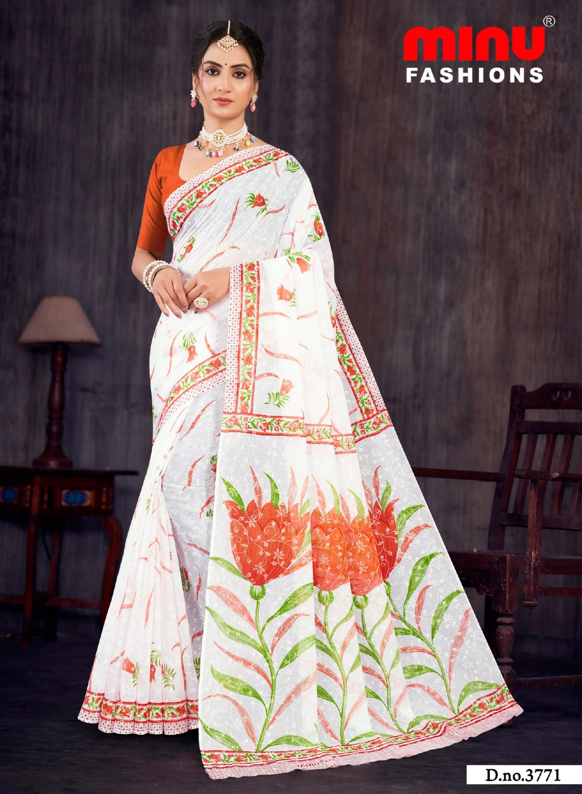 Printed Cotton Saree White Rose - 8 Pcs Set