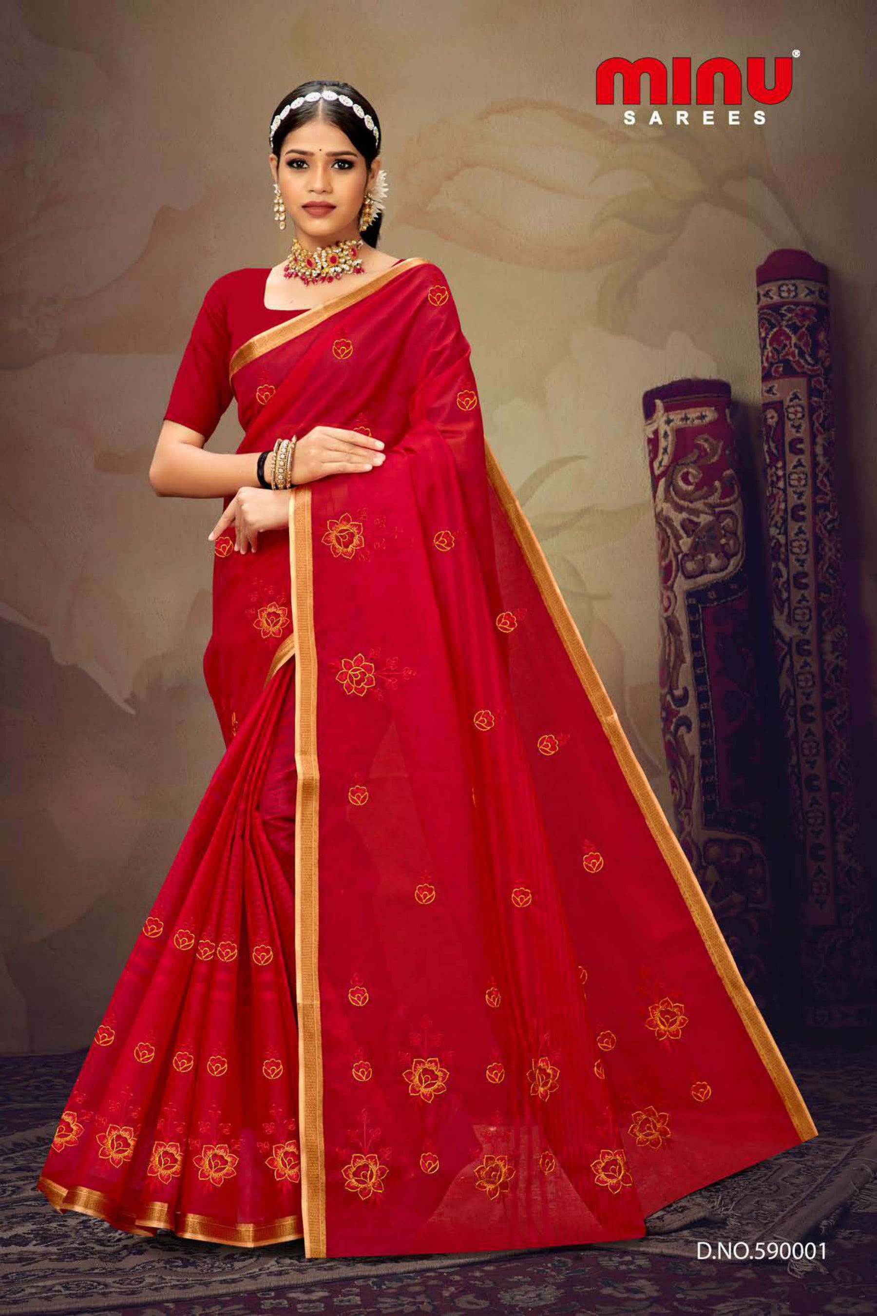 Red color printed embroidered saree wearing woman