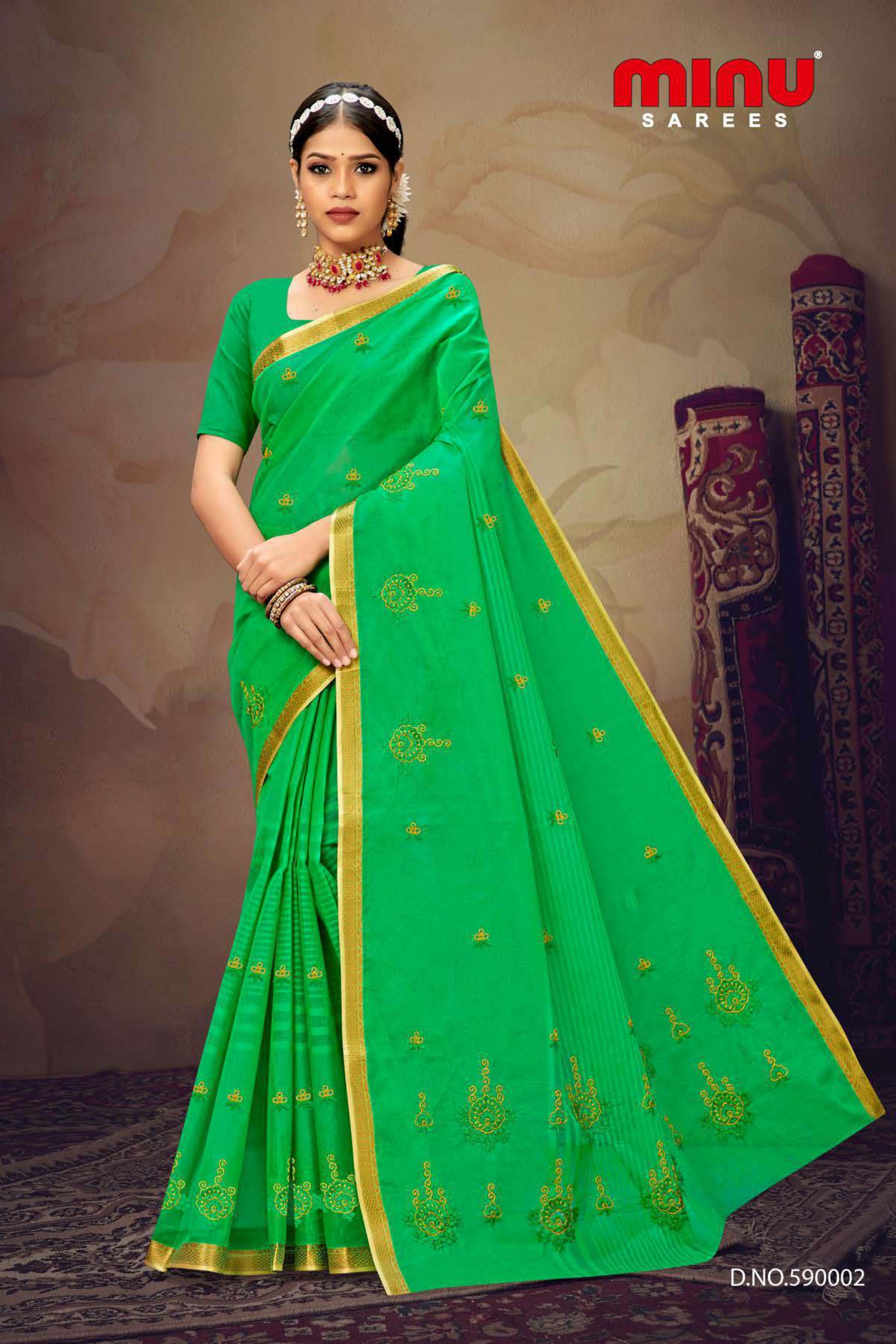 green color printed embroidered saree for wholesale