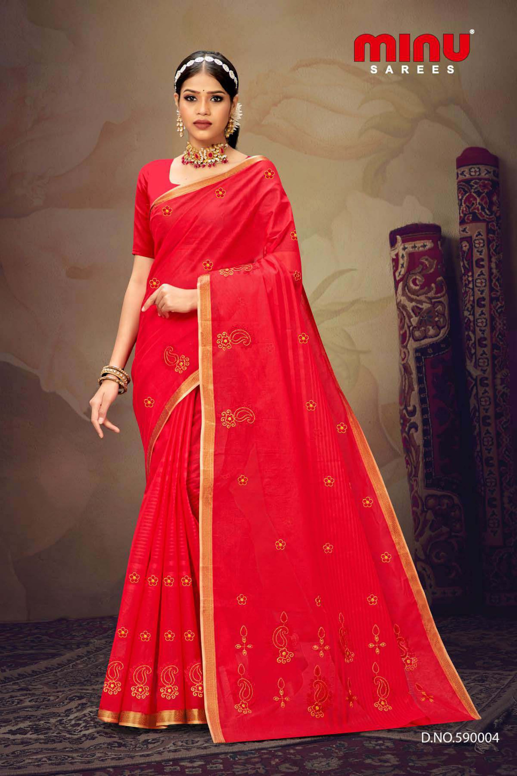 top-quality red cotton embroidered saree wearing woman