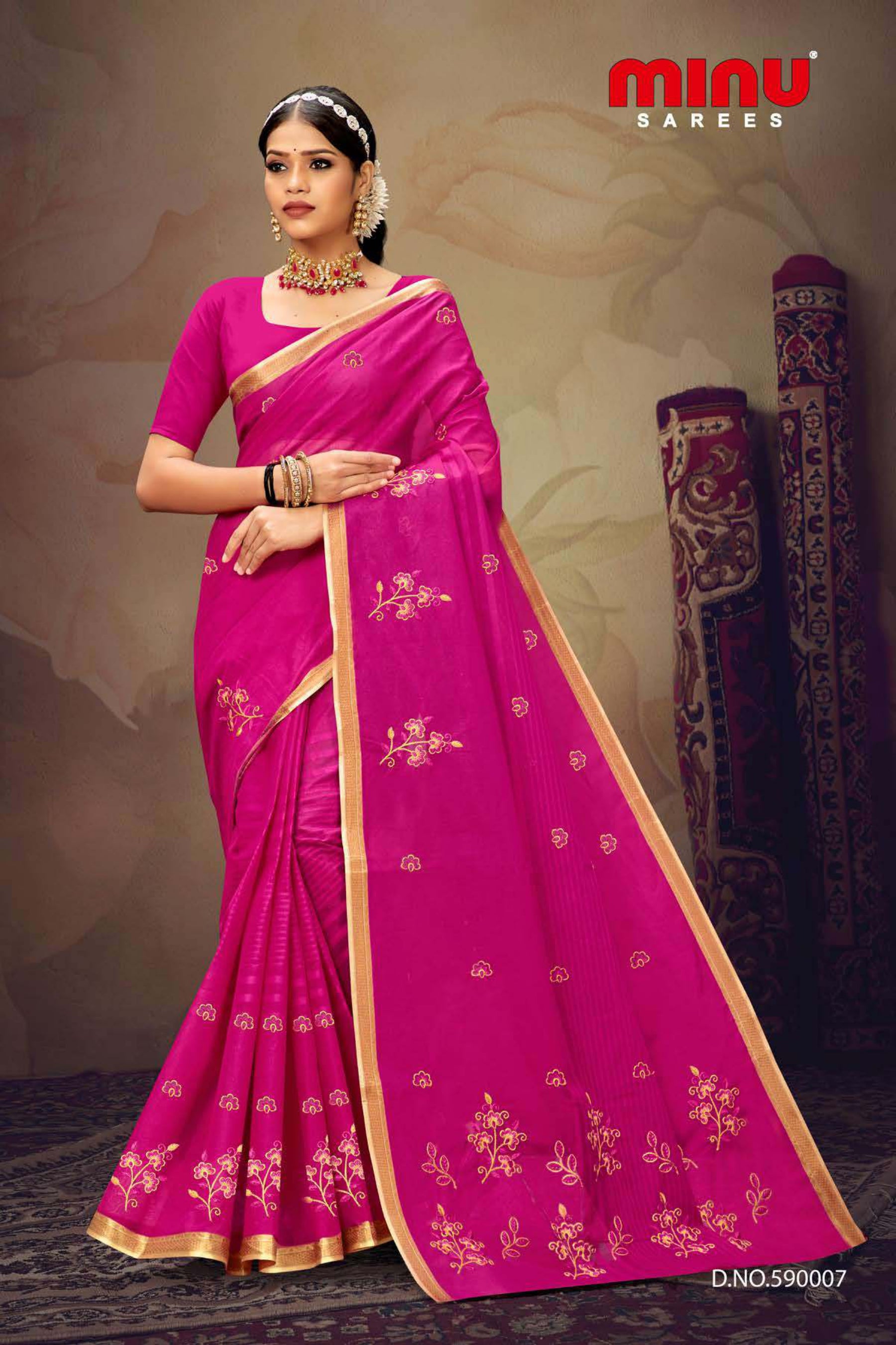 Bold pink printed embroidered saree for women