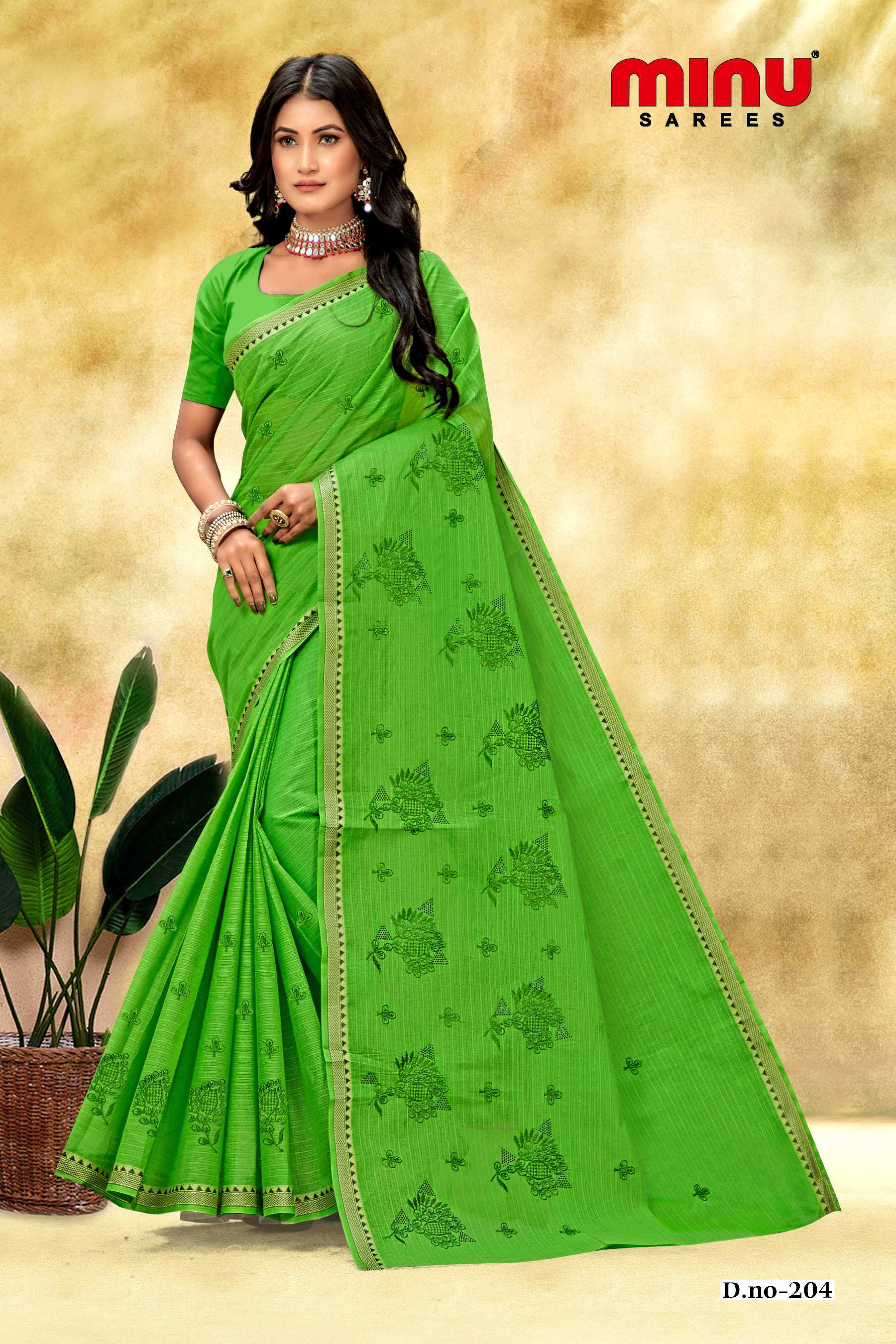 green printed cotton saree for women