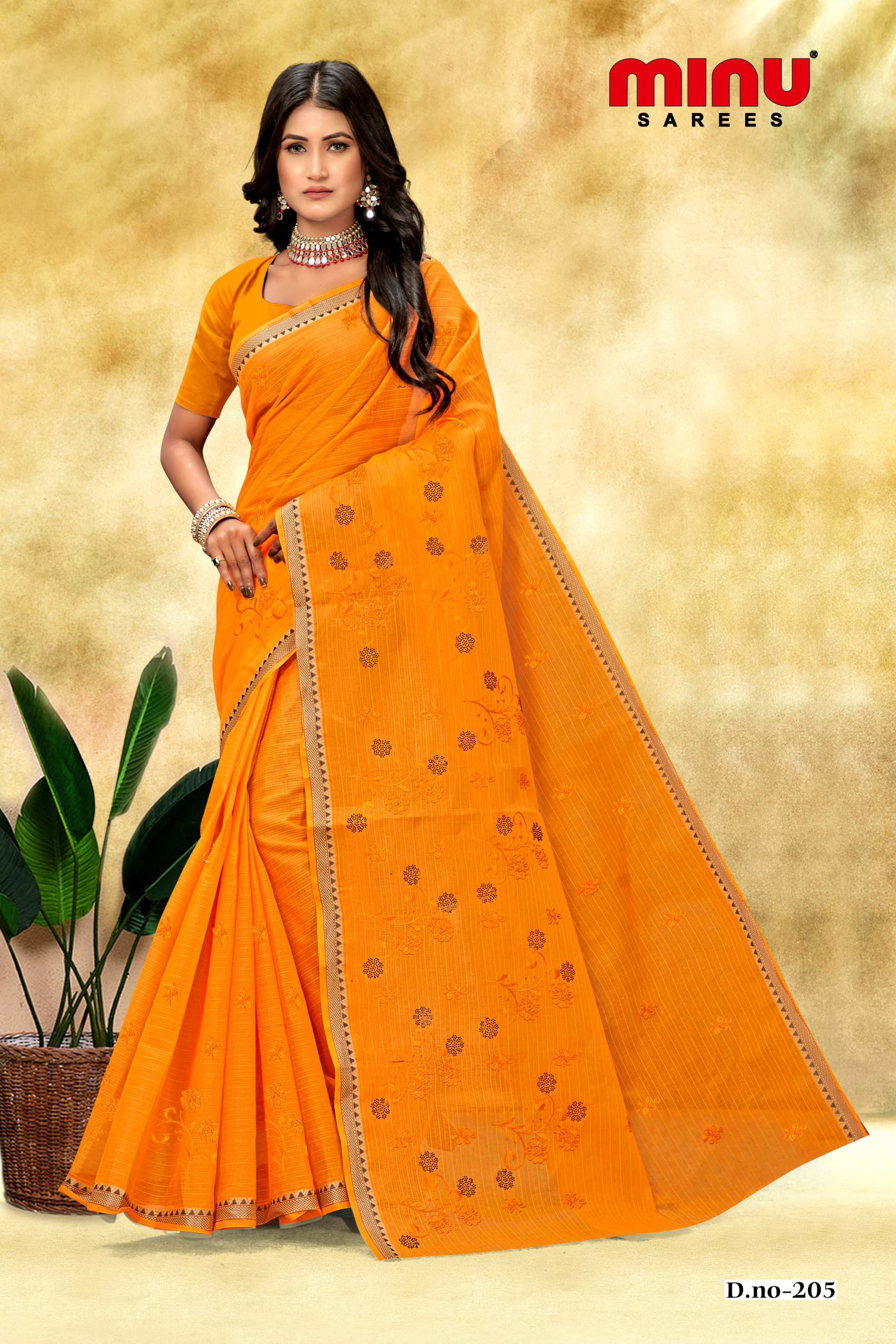orange color printed cotton saree at low prices 
