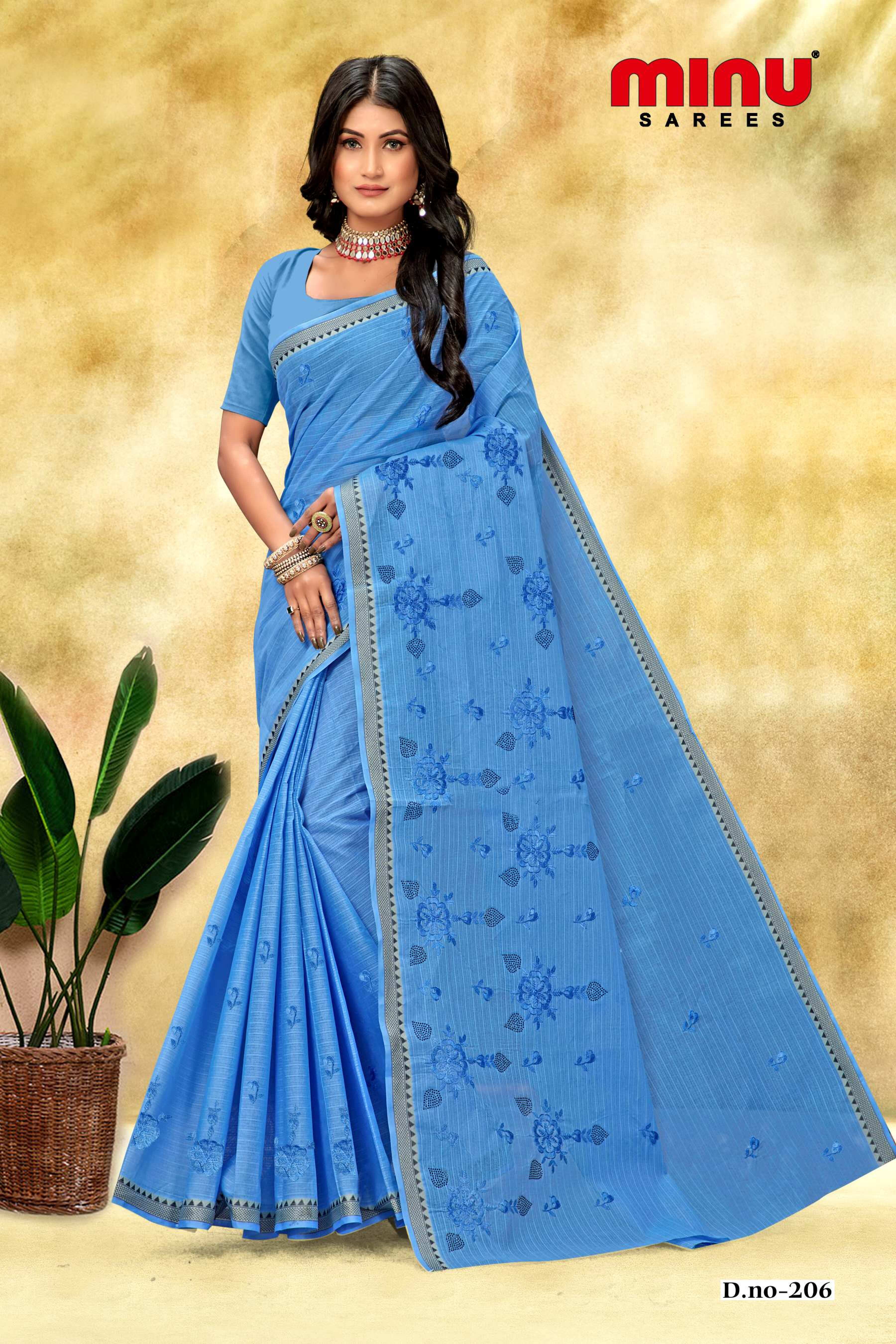 blue printed cotton saree with fabric work