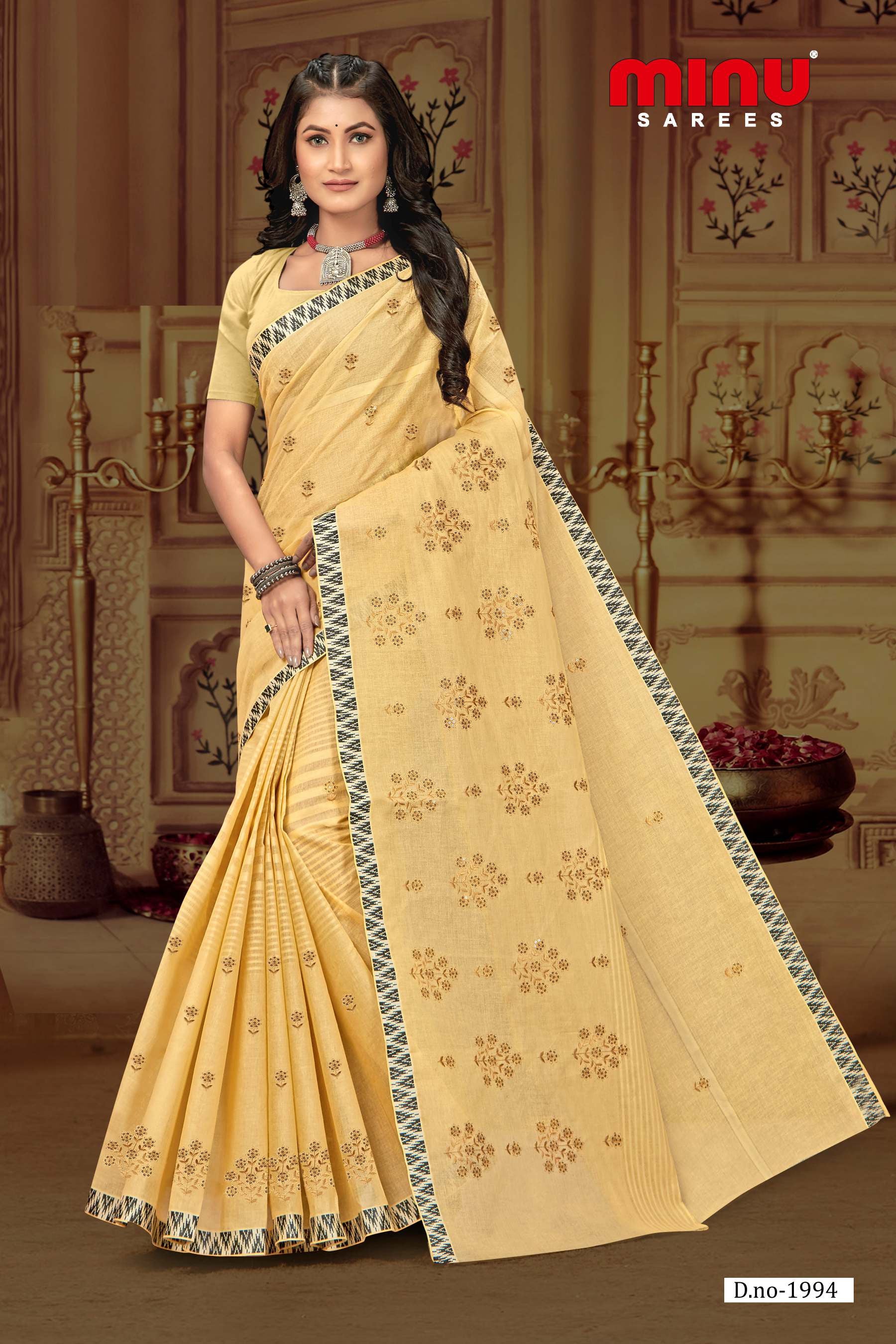 Yellow printed embroidered saree with pure cotton fabric work
