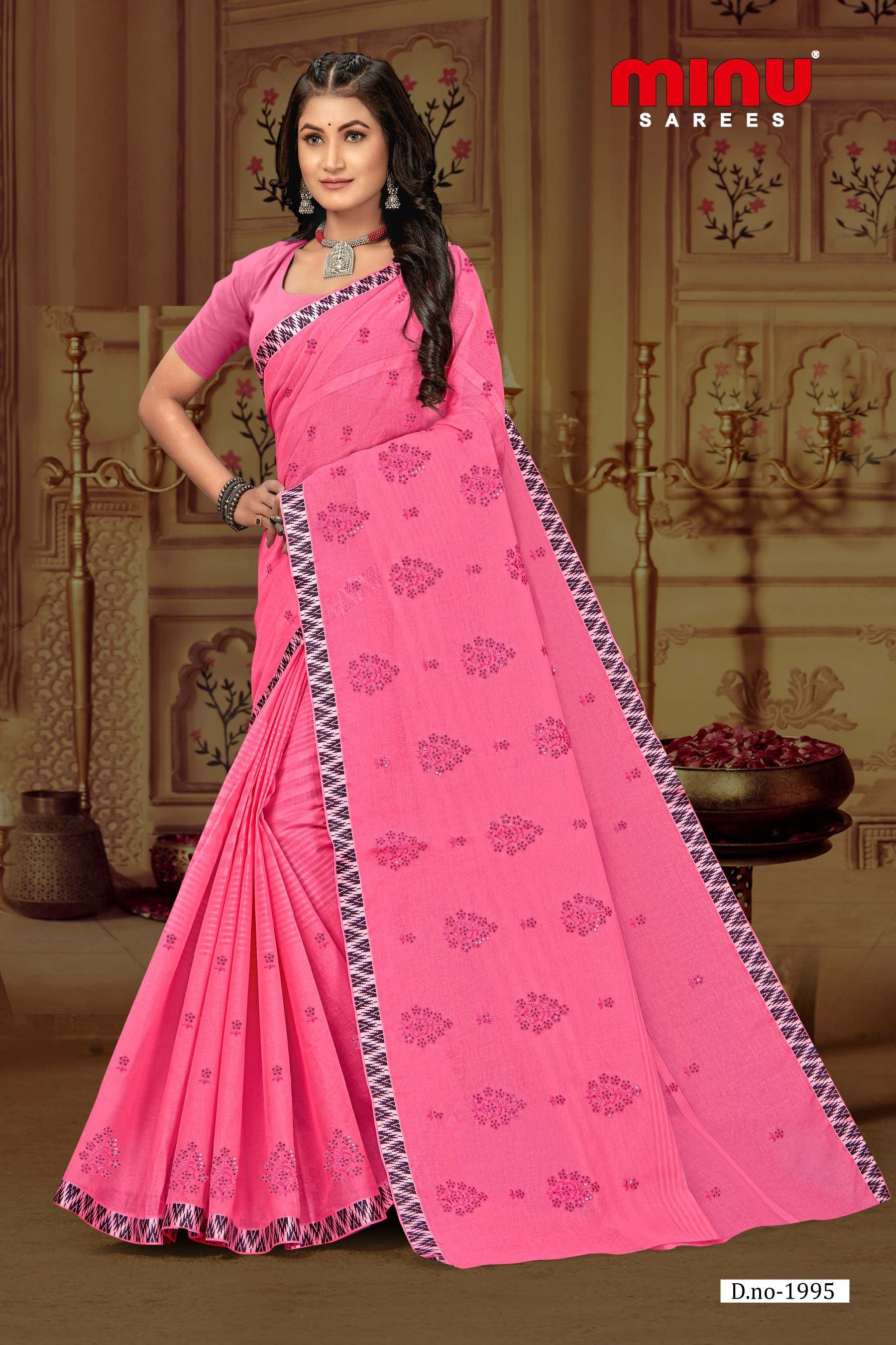 pink printed designer embroidered saree for wholesale online 