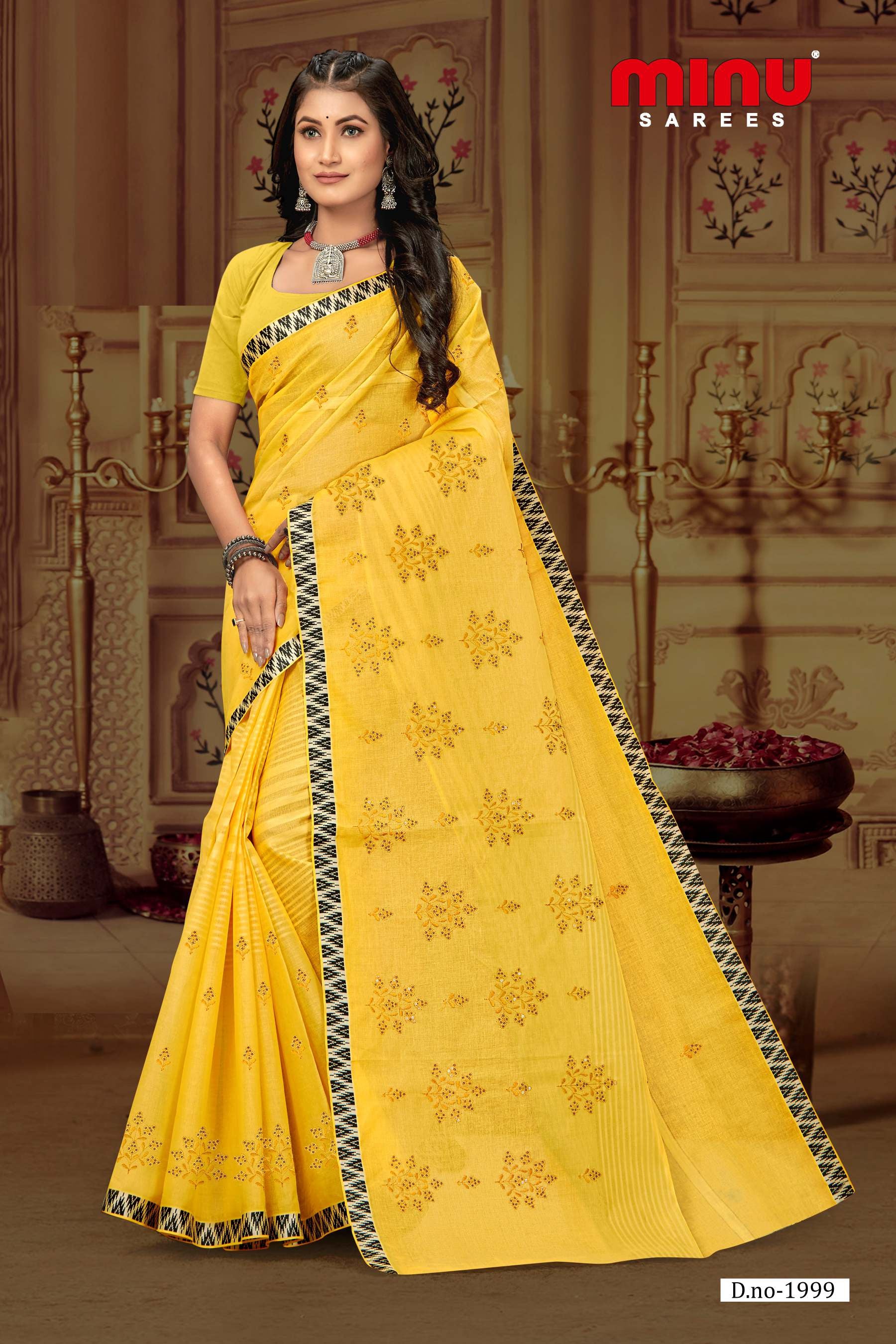 bold yellow printed cotton saree wearing woman