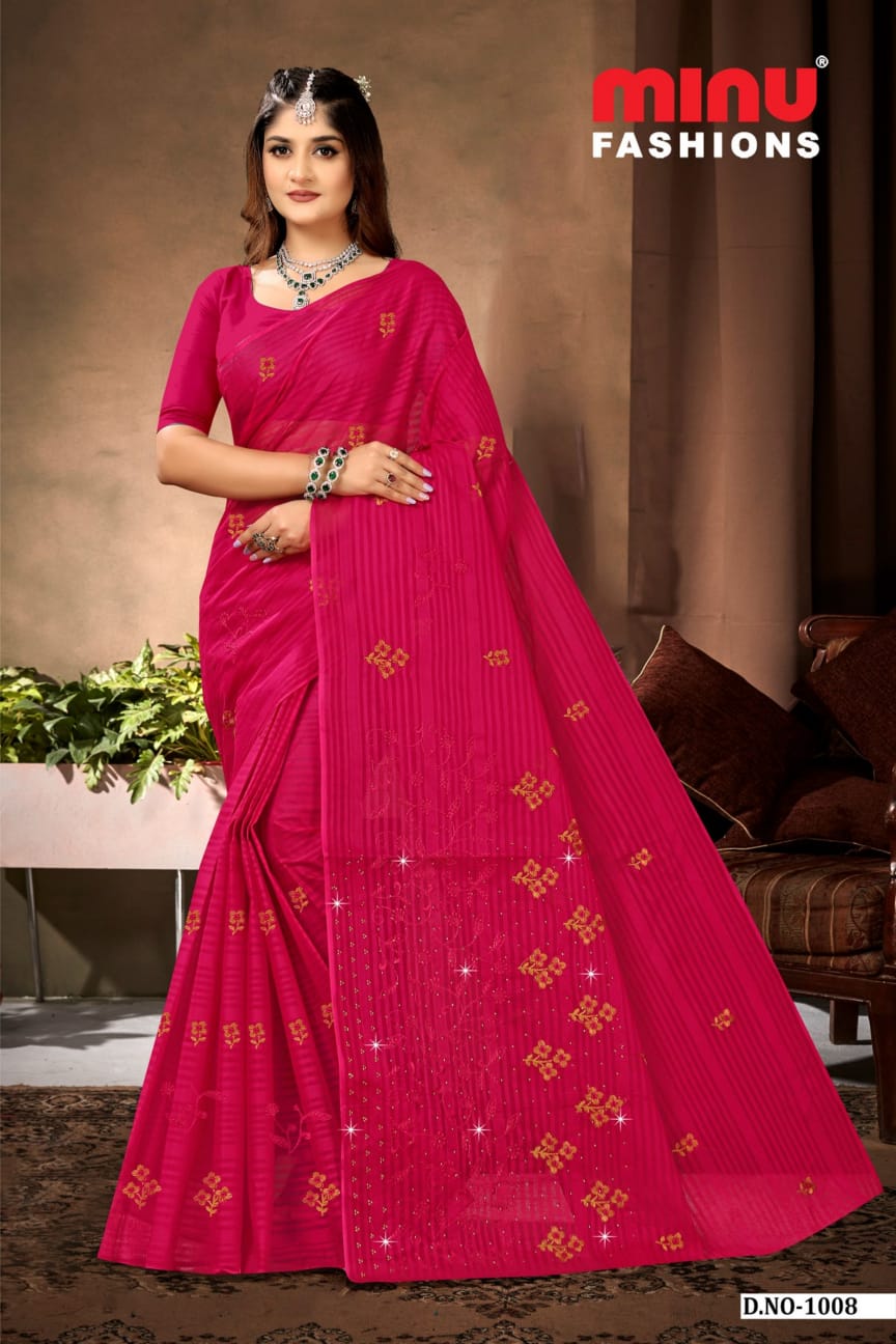 Embroidered Cotton Saree Devansha (Special Rate) - 8 Pcs Set