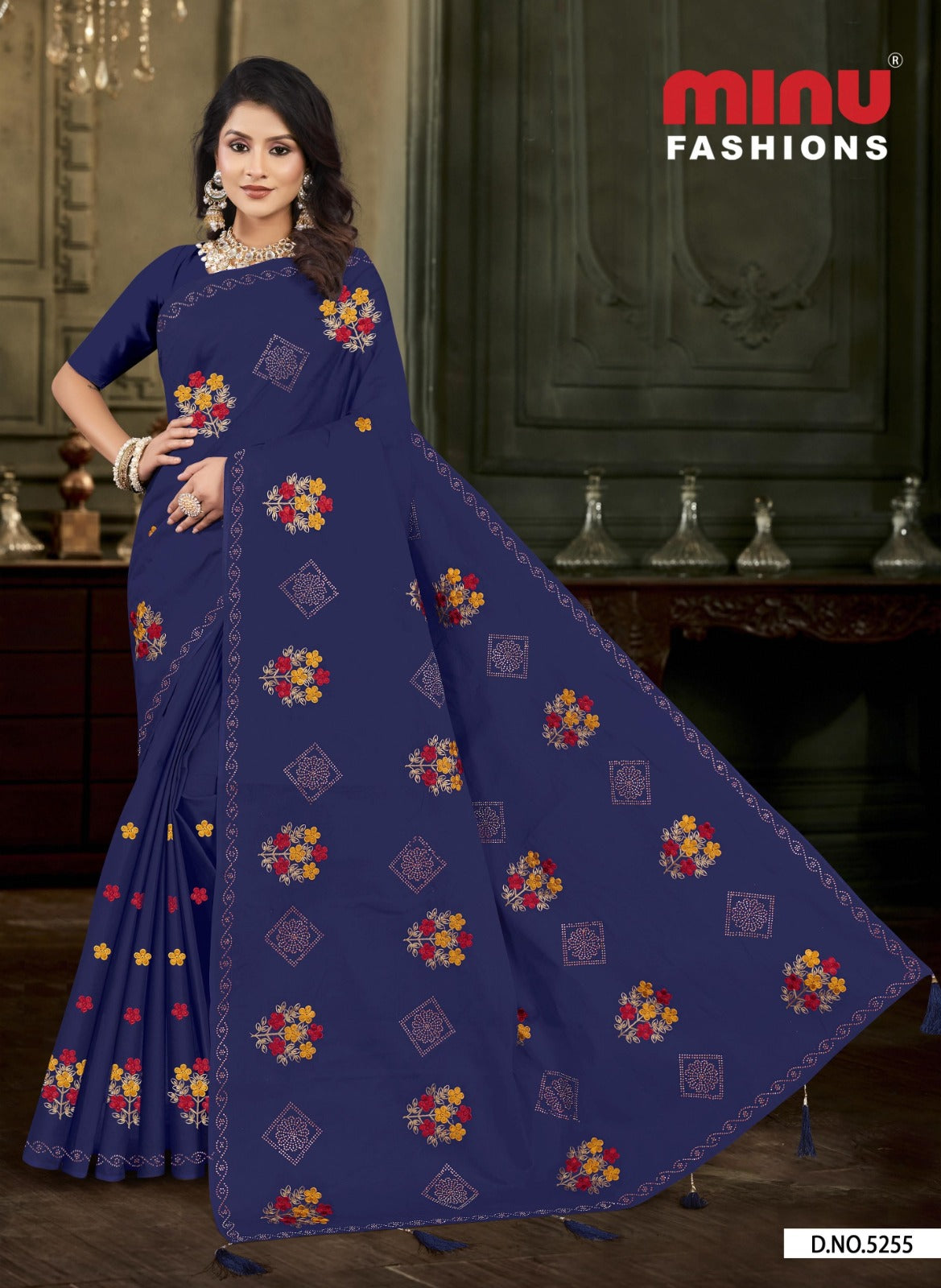 Embroidered Cotton Saree Diamond Rose (Special Rate) - 8 Pcs Set