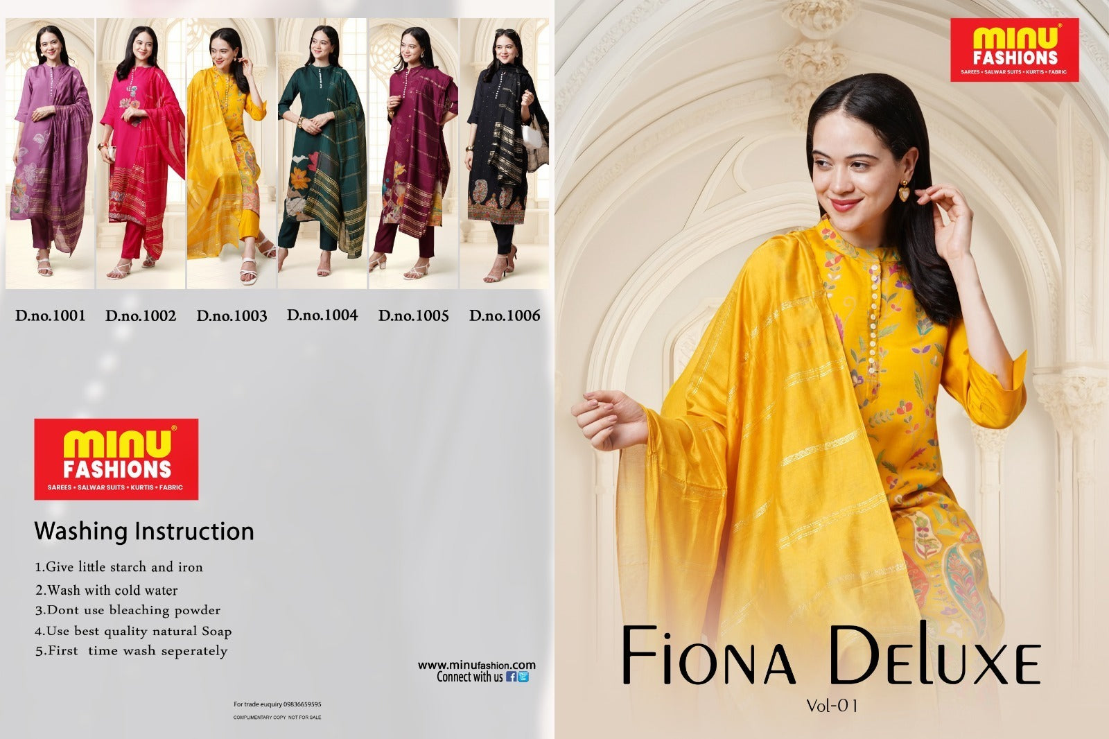 3 Piece Cotton Kurti Set Fiona Deluxe Combo - 6 Pcs Set