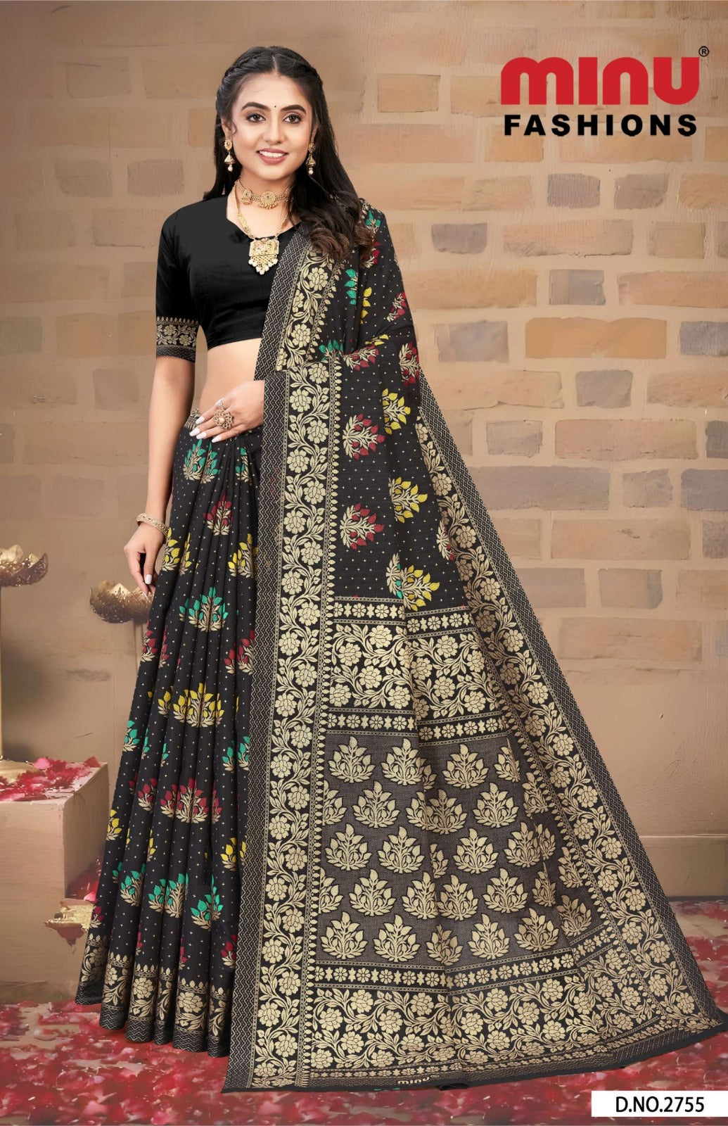 Malai Cotton Saree Gold Star Black - 8 Pcs Set
