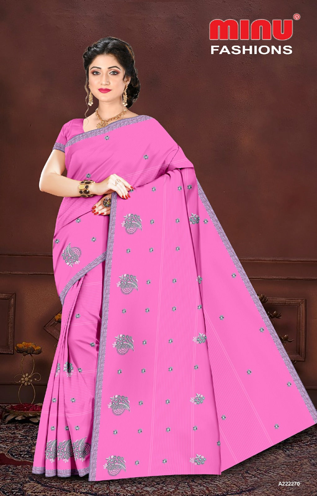 Embroidered Cotton Saree Himgiri (Special Rate) - 8 Pcs Set