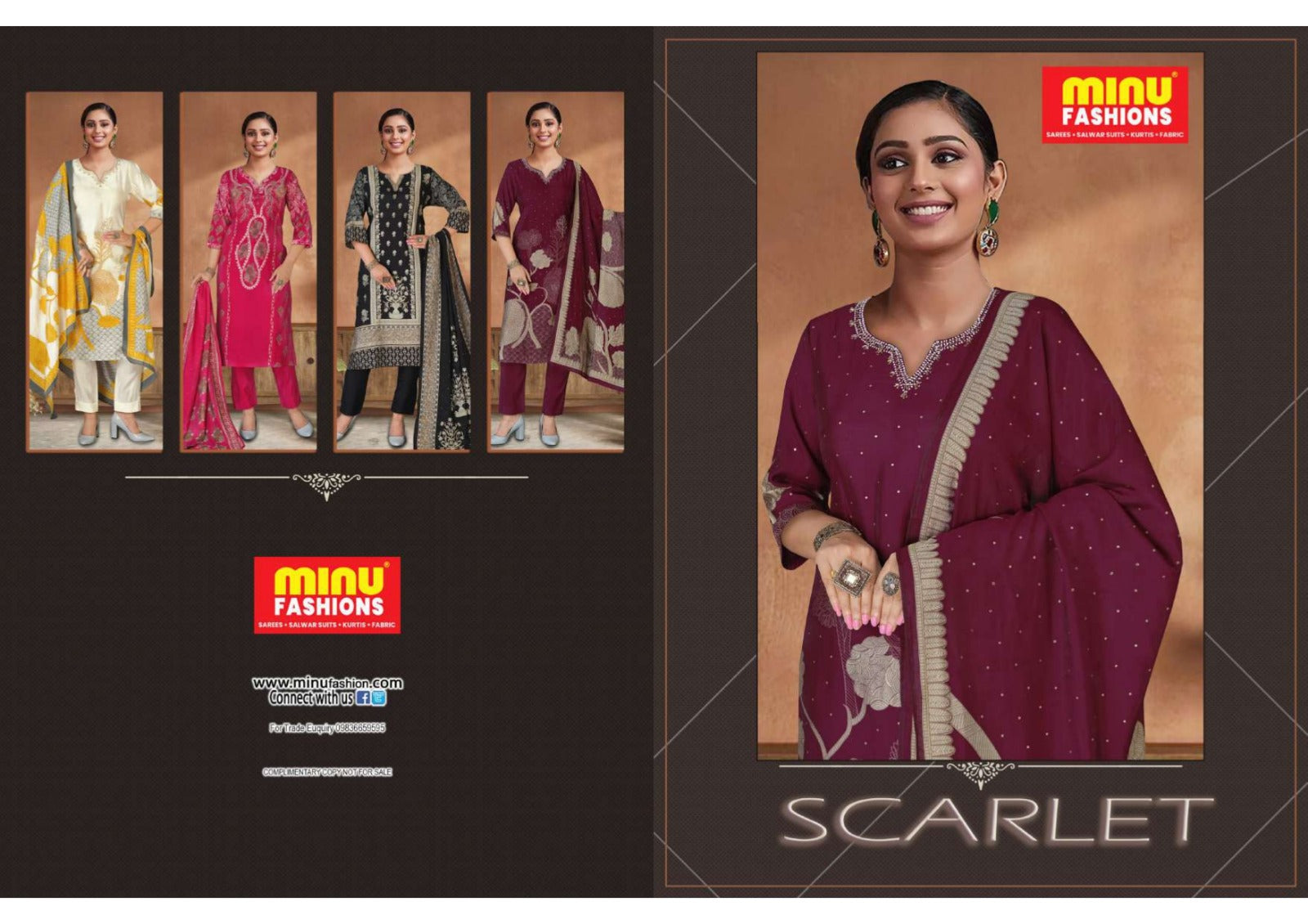 3 Piece Cotton Kurti Set Scarlet - 4 Pcs Set