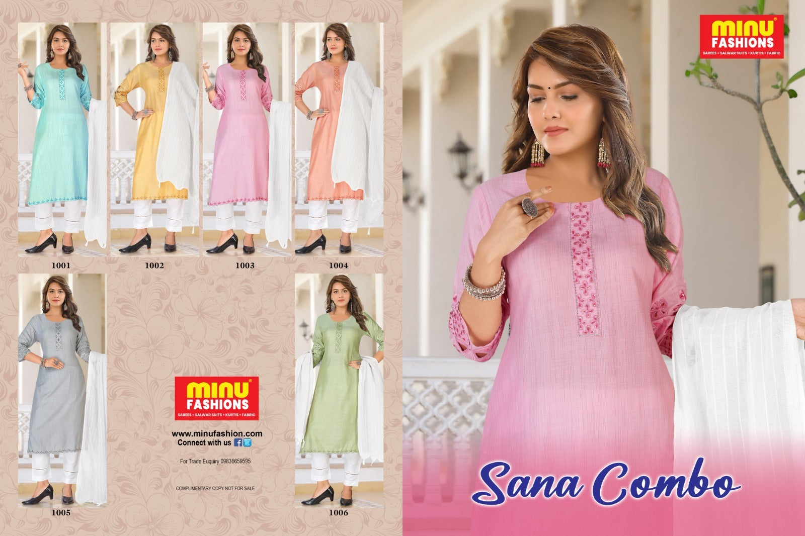 3 Piece Cotton Long Kurti Set Sana Combo - 6 Pcs Set