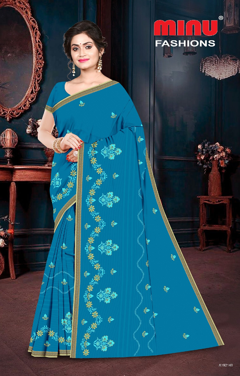Embroidered Cotton Saree Soumya (Special Rate) - 8 Pcs Set