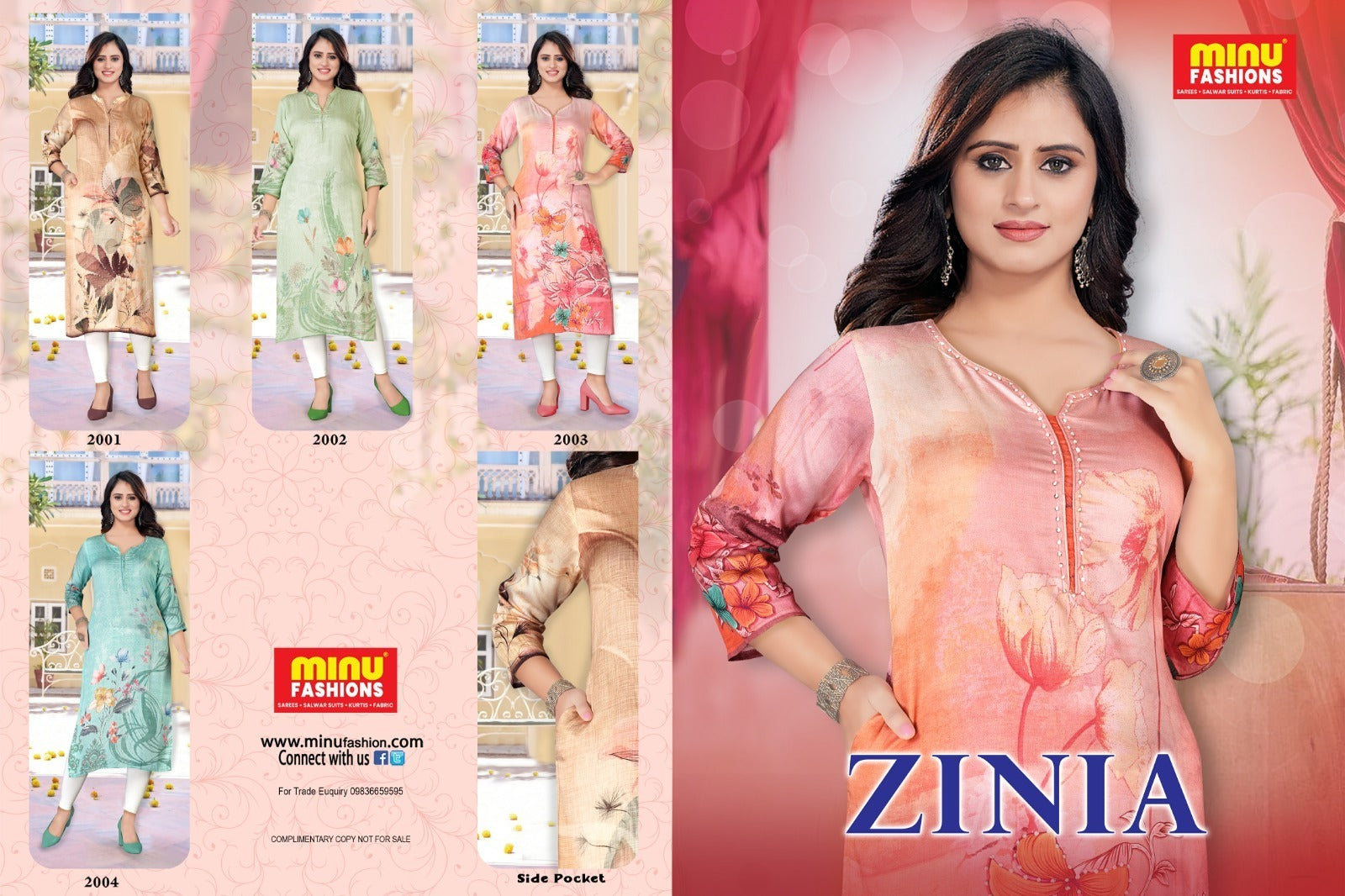 Embroidered Long Kurti Zinia - 4 Pcs Set