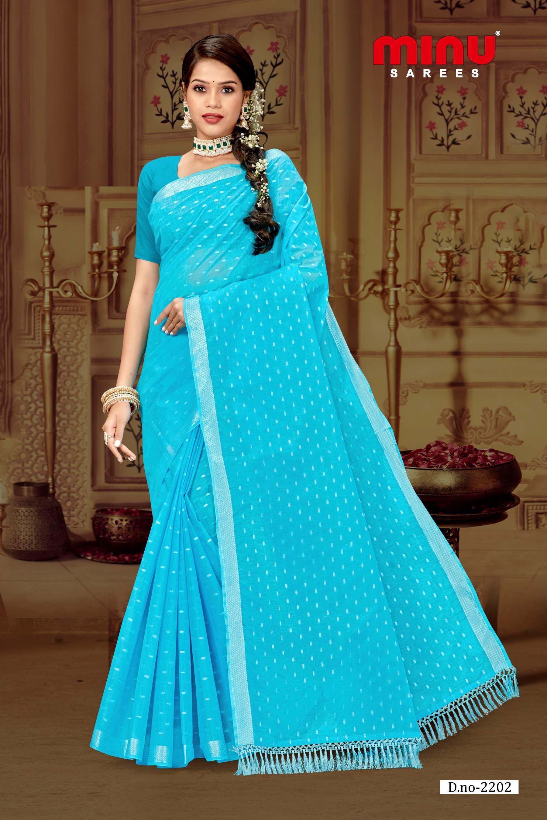 blue color printed cotton saree for online wholesale 