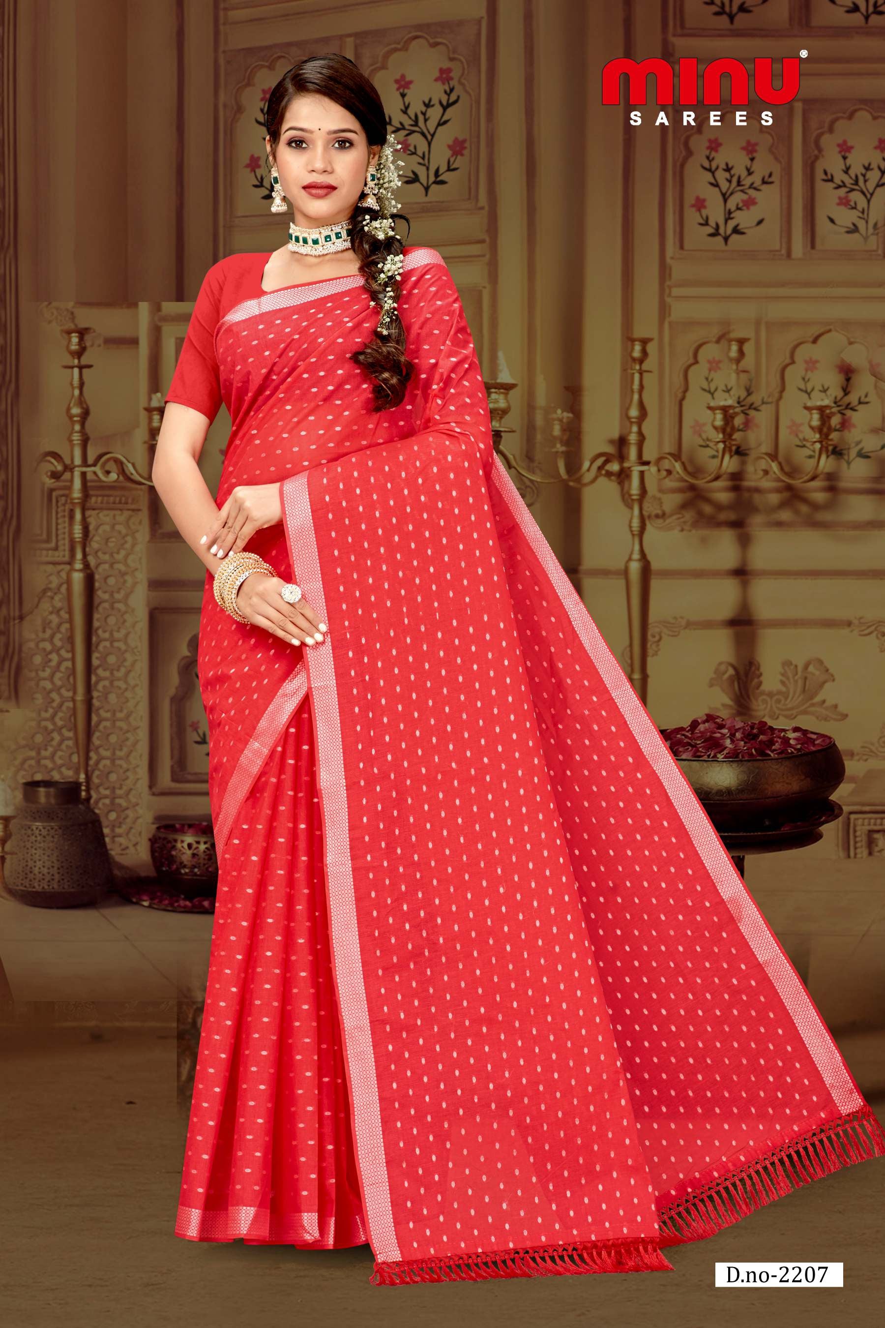 Top-quality red printed embroidered saree online image 