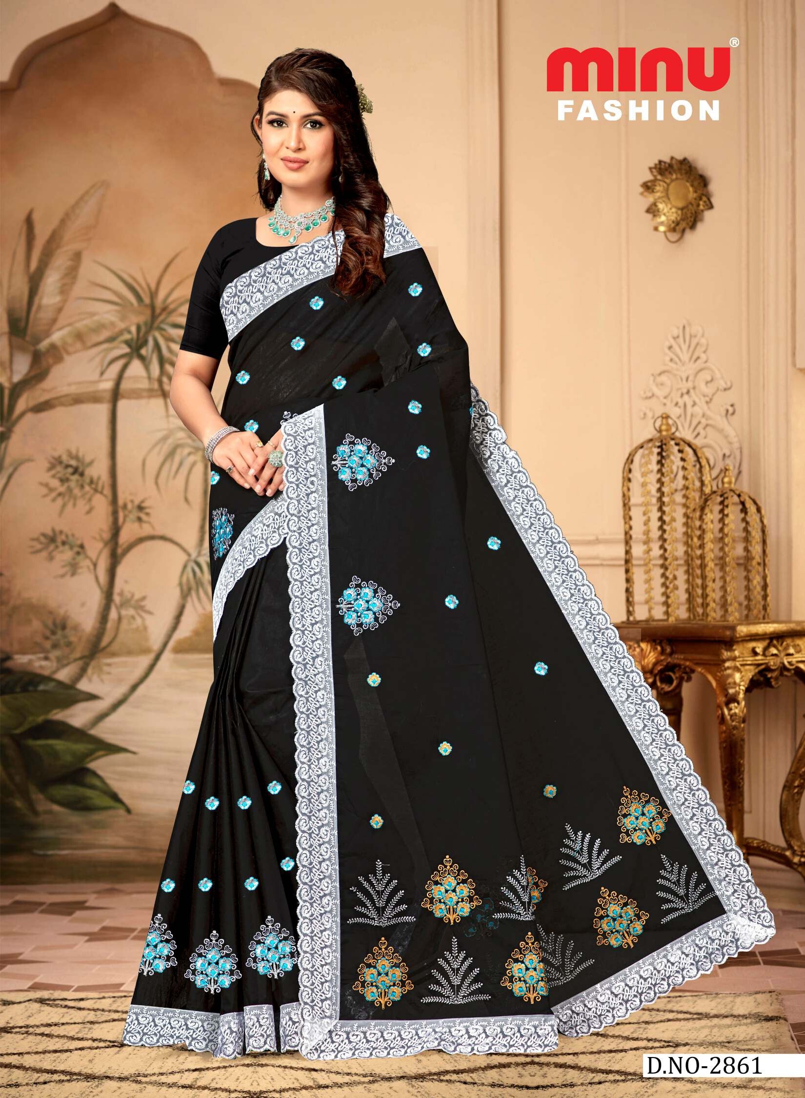 Embroidered Saree Black Cat EMB (Special Rate) (8P)