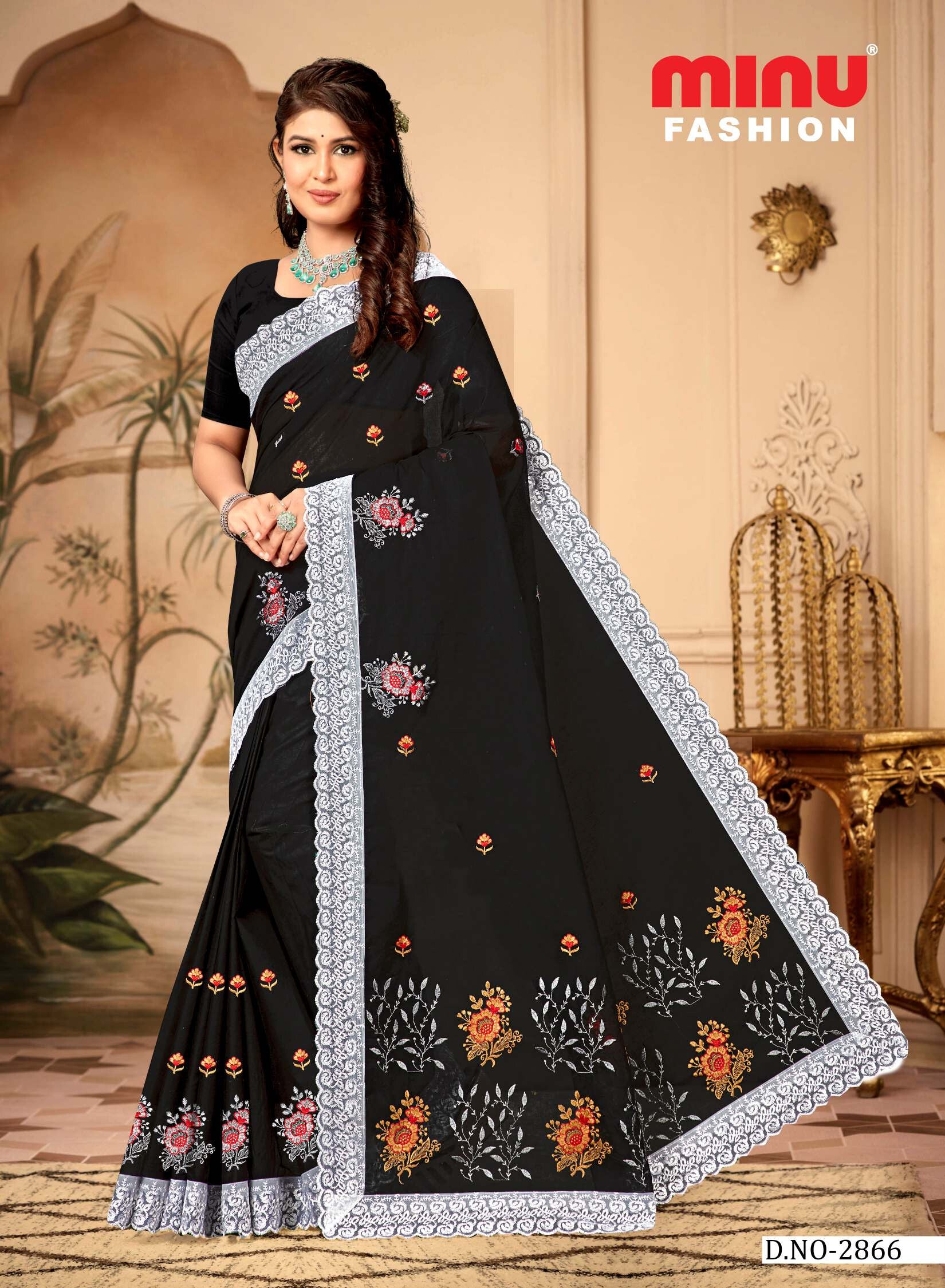 Embroidered Saree Black Cat EMB (Special Rate) (8P)