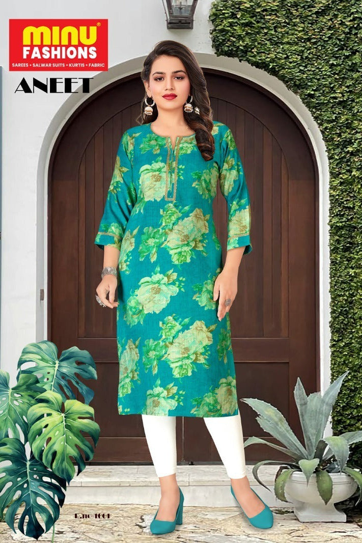 Printed Vatican Silk Long Kurti Aneet - 6 Pcs Set