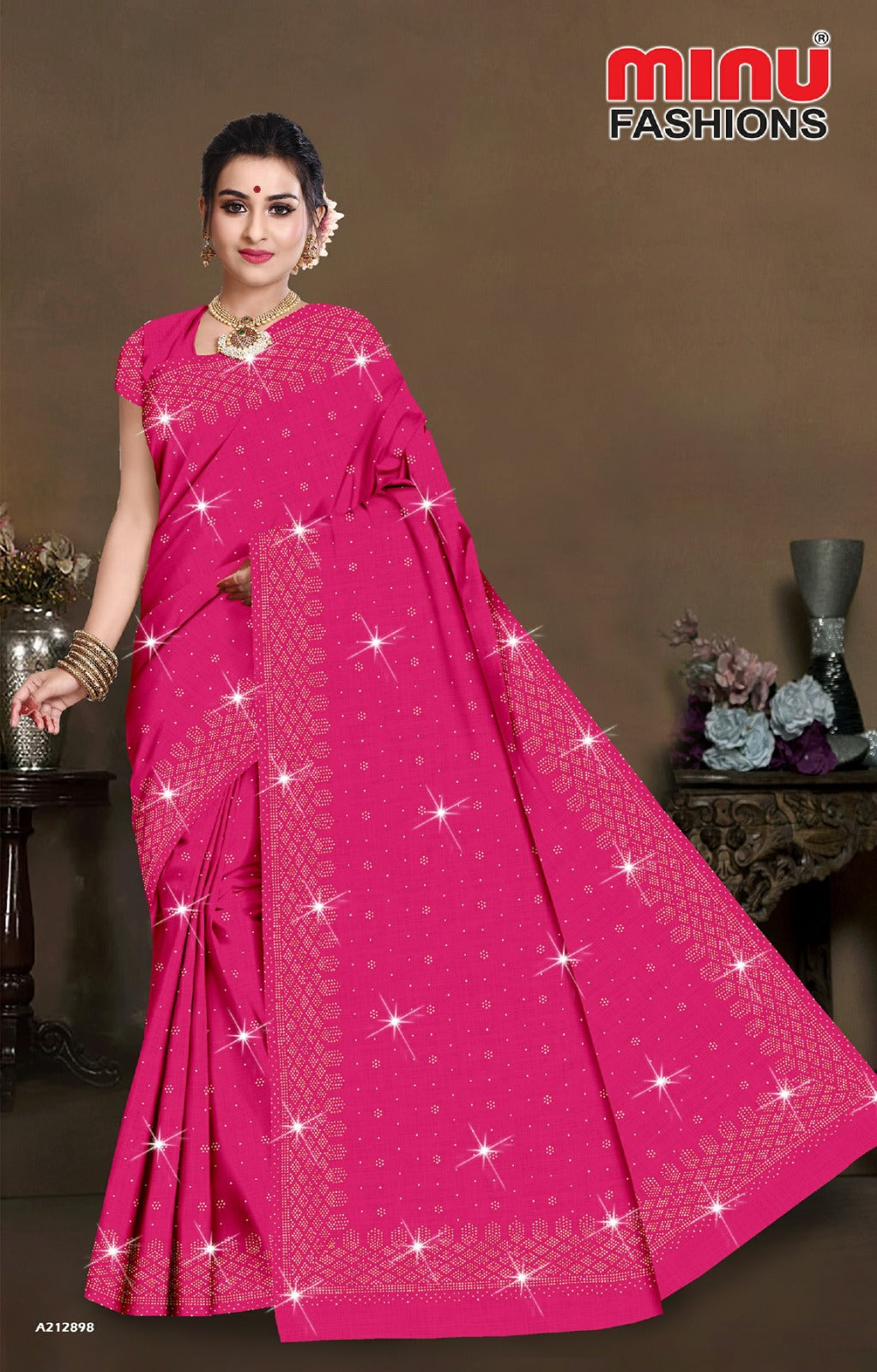 Embroidered Cotton Saree Crystal Saroski (Special Rate) - 8 Pcs Set