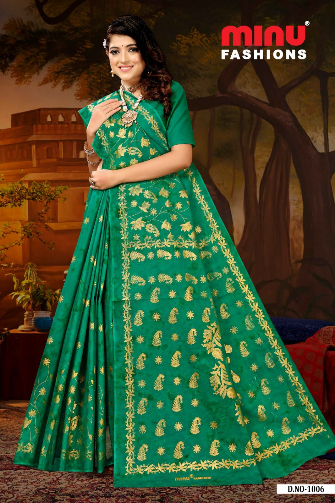 Printed Cotton Saree Fashion Kanjivaram - 8 Pcs Set