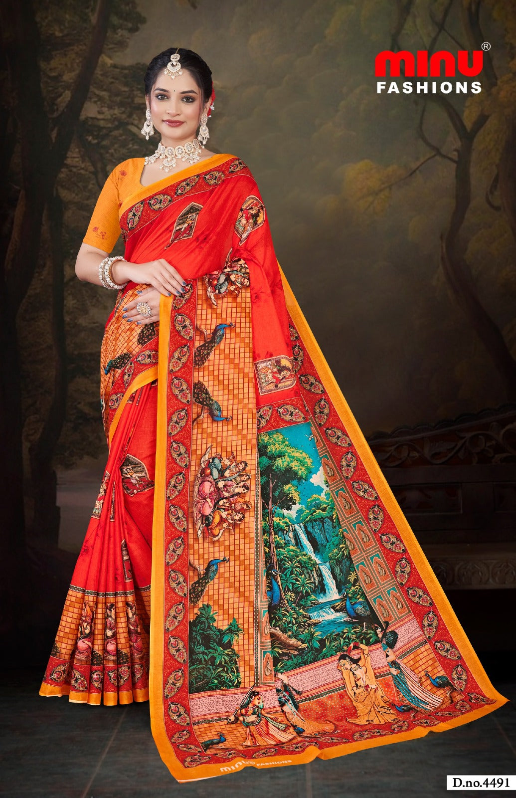 Printed Cotton Saree Jeevan Sathi Madhubani - 8 Pcs Set