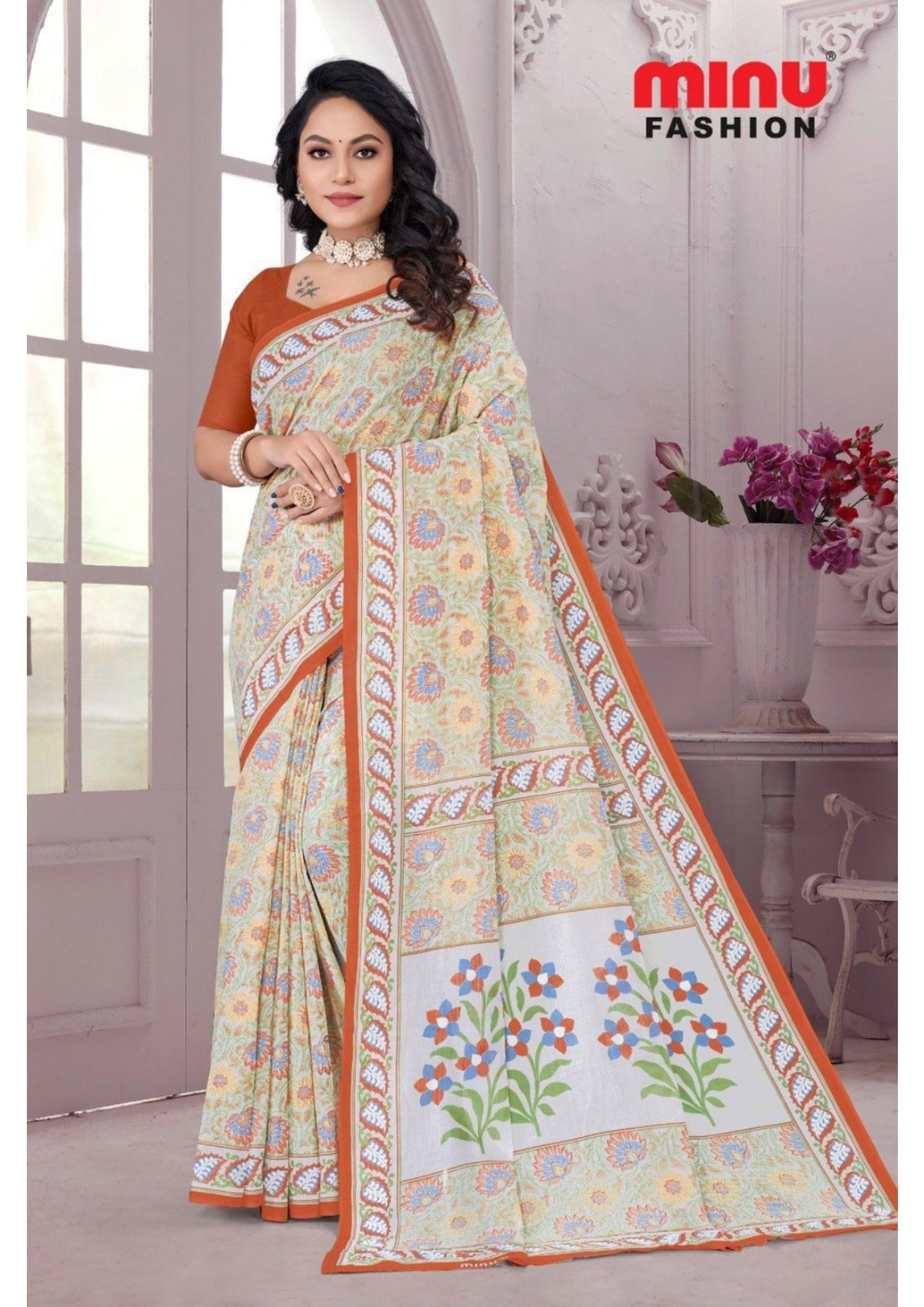 Printed Cotton Saree Priyatama Mithila - 8 Pcs Set