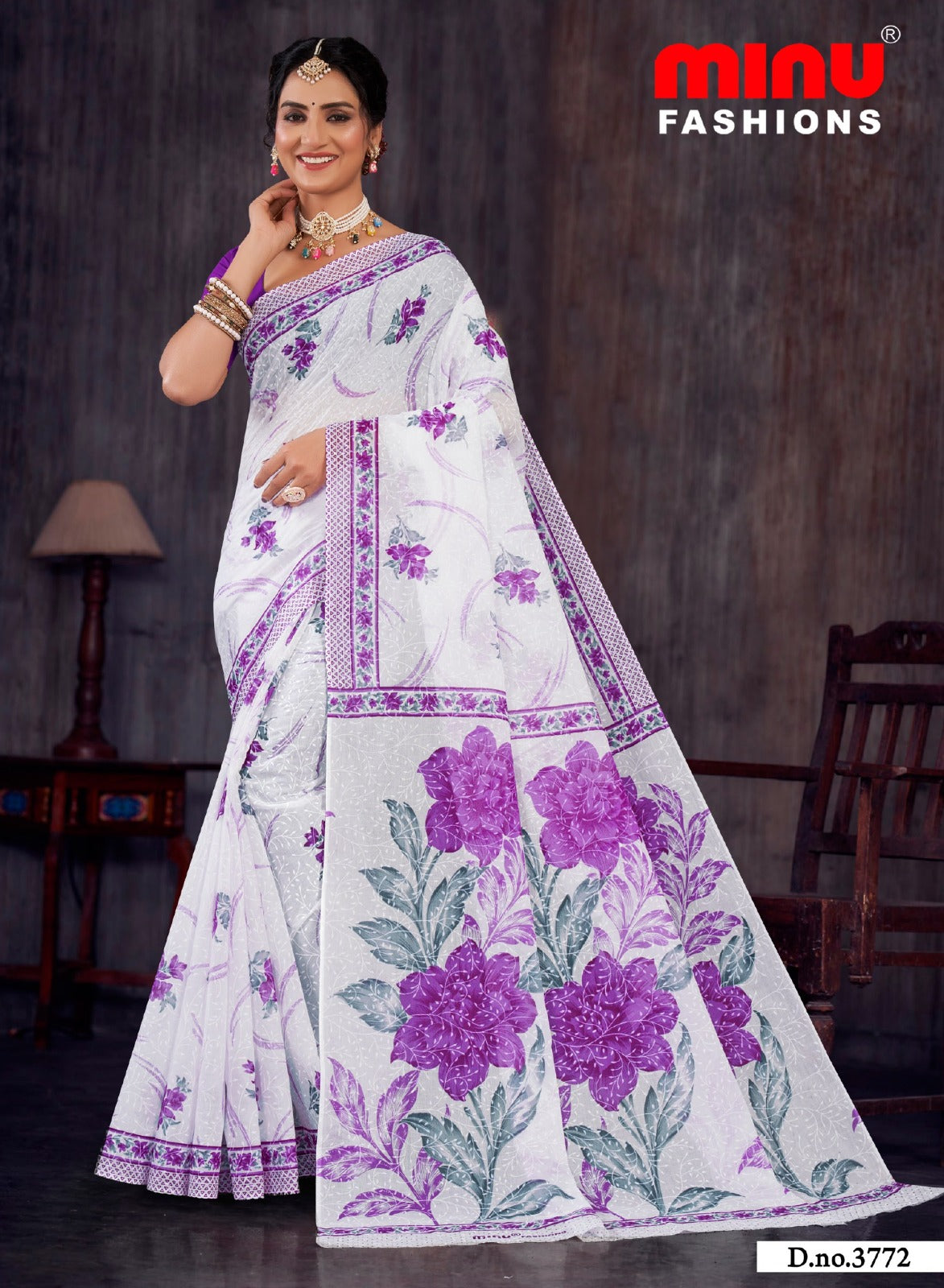 Printed Cotton Saree White Rose - 8 Pcs Set