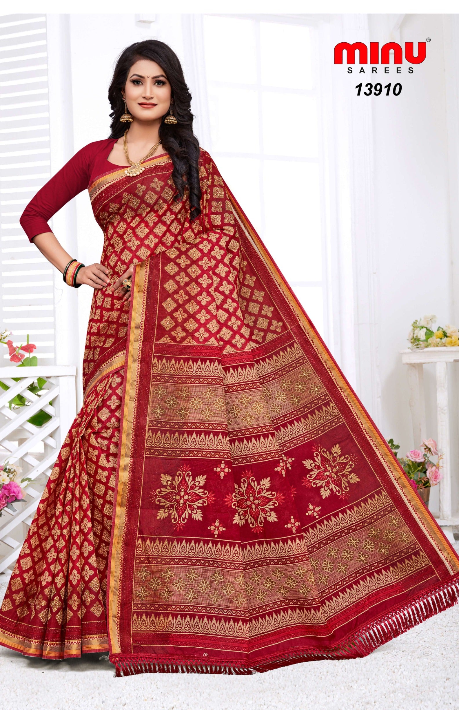 red color printed designer cotton saree wholesale 