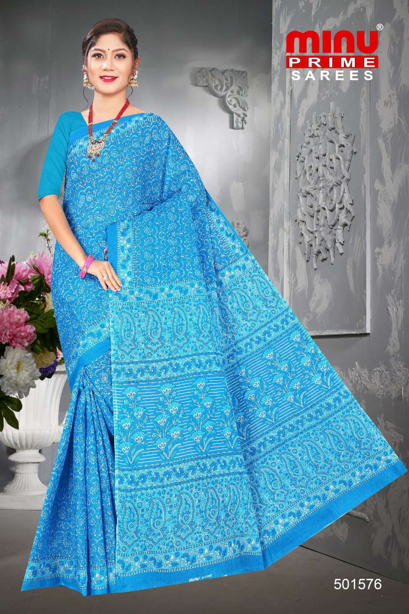 Online image of blue printed sarees for online saree wholesalers