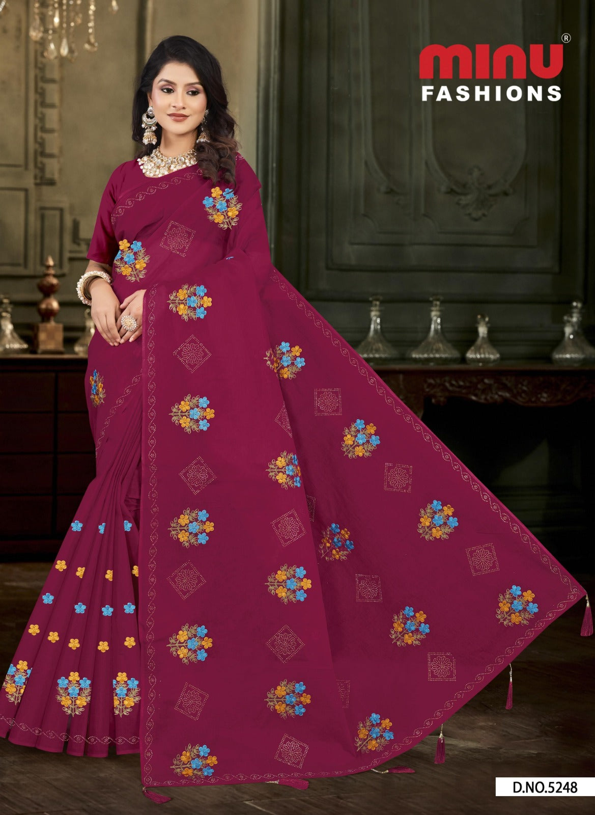Embroidered Cotton Saree Diamond Rose (Special Rate) - 8 Pcs Set