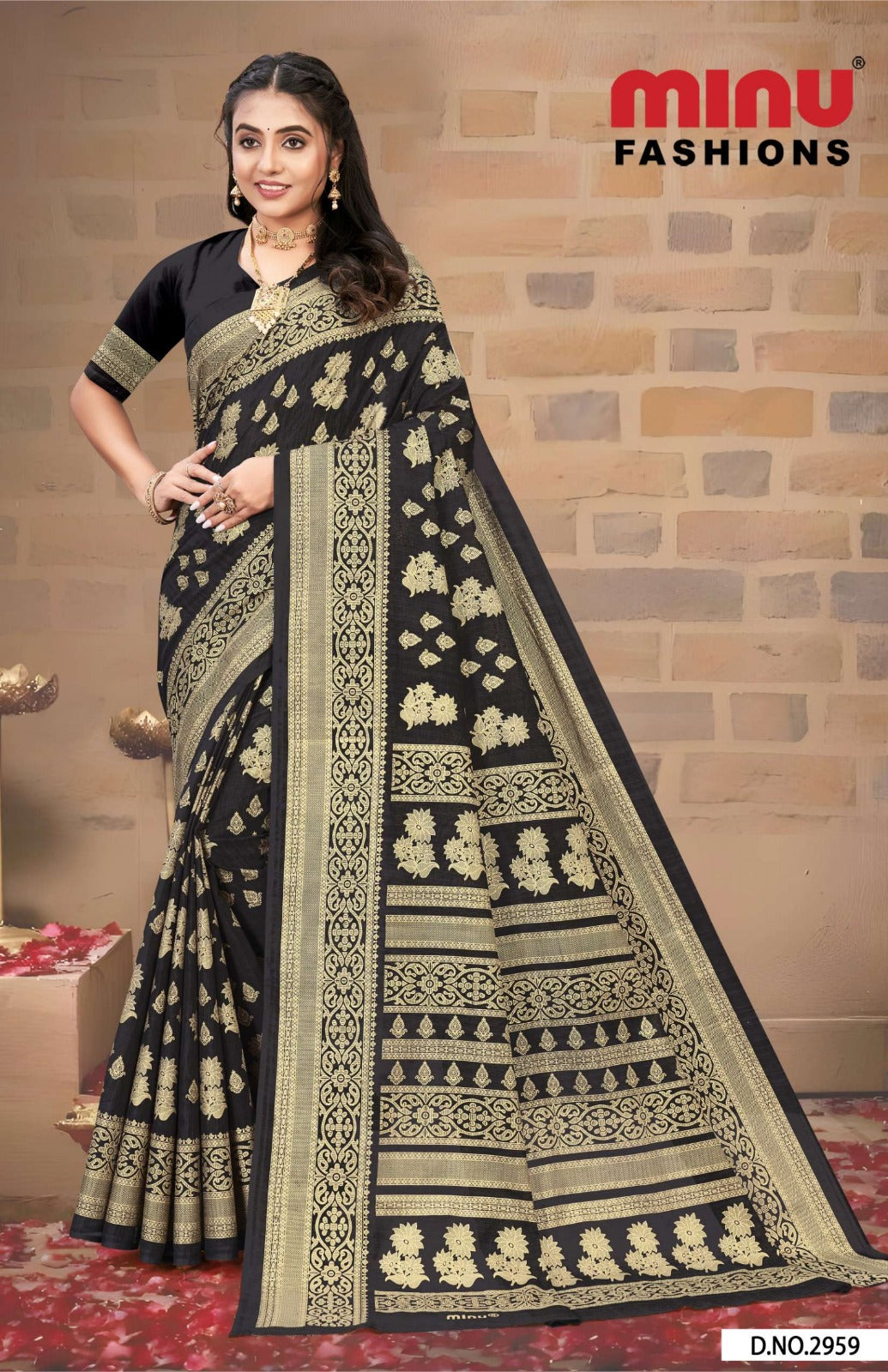 Malai Cotton Saree Gold Star Black - 8 Pcs Set