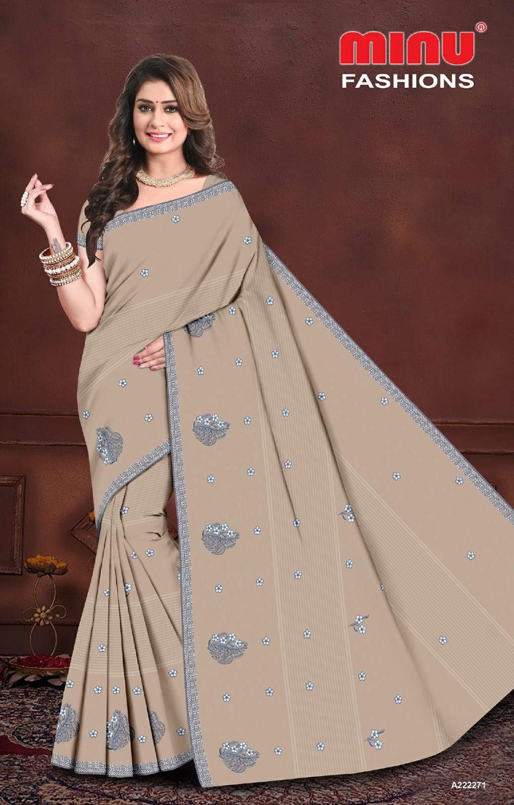 Embroidered Cotton Saree Himgiri (Special Rate) - 8 Pcs Set